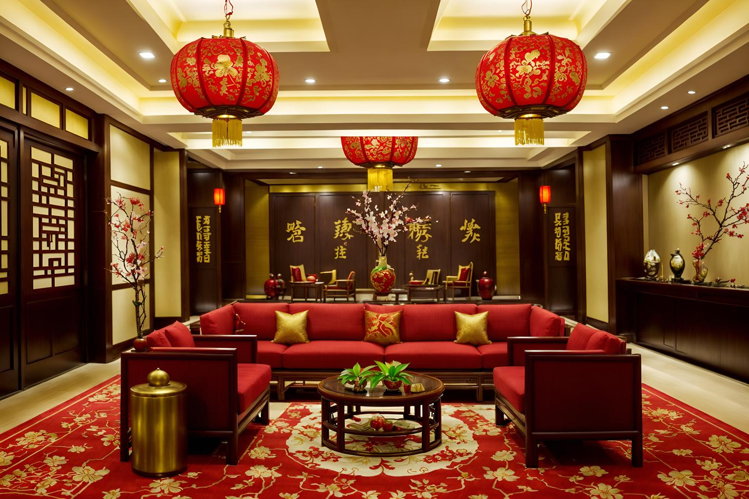 chinese new year-style (hotel lobby interior) with plant and sofas and coffee tables and rug and lounge chairs and check in desk and hanging lamps and furniture. . with vases of plum blossoms and orchids and paper cuttings and zodiac calendar and door couplets and red and gold tassels and paper firecrackers and red and gold candles and mei hwa flowers. . cinematic photo, highly detailed, cinematic lighting, ultra-detailed, ultrarealistic, photorealism, 8k. chinese new year interior design style. masterpiece, cinematic light, ultrarealistic+, photorealistic+, 8k, raw photo, realistic, sharp focus on eyes, (symmetrical eyes), (intact eyes), hyperrealistic, highest quality, best quality, , highly detailed, masterpiece, best quality, extremely detailed 8k wallpaper, masterpiece, best quality, ultra-detailed, best shadow, detailed background, detailed face, detailed eyes, high contrast, best illumination, detailed face, dulux, caustic, dynamic angle, detailed glow. dramatic lighting. highly detailed, insanely detailed hair, symmetrical, intricate details, professionally retouched, 8k high definition. strong bokeh. award winning photo.