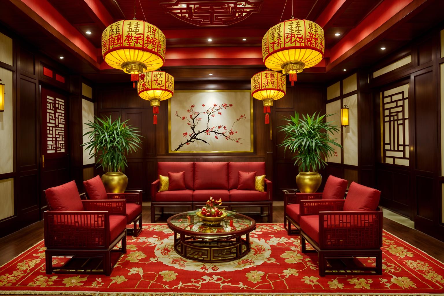 chinese new year-style (hotel lobby interior) with plant and sofas and coffee tables and rug and lounge chairs and check in desk and hanging lamps and furniture. . with vases of plum blossoms and orchids and paper cuttings and zodiac calendar and door couplets and red and gold tassels and paper firecrackers and red and gold candles and mei hwa flowers. . cinematic photo, highly detailed, cinematic lighting, ultra-detailed, ultrarealistic, photorealism, 8k. chinese new year interior design style. masterpiece, cinematic light, ultrarealistic+, photorealistic+, 8k, raw photo, realistic, sharp focus on eyes, (symmetrical eyes), (intact eyes), hyperrealistic, highest quality, best quality, , highly detailed, masterpiece, best quality, extremely detailed 8k wallpaper, masterpiece, best quality, ultra-detailed, best shadow, detailed background, detailed face, detailed eyes, high contrast, best illumination, detailed face, dulux, caustic, dynamic angle, detailed glow. dramatic lighting. highly detailed, insanely detailed hair, symmetrical, intricate details, professionally retouched, 8k high definition. strong bokeh. award winning photo.