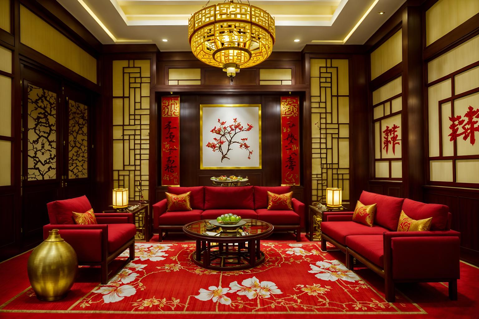 chinese new year-style (hotel lobby interior) with plant and sofas and coffee tables and rug and lounge chairs and check in desk and hanging lamps and furniture. . with vases of plum blossoms and orchids and paper cuttings and zodiac calendar and door couplets and red and gold tassels and paper firecrackers and red and gold candles and mei hwa flowers. . cinematic photo, highly detailed, cinematic lighting, ultra-detailed, ultrarealistic, photorealism, 8k. chinese new year interior design style. masterpiece, cinematic light, ultrarealistic+, photorealistic+, 8k, raw photo, realistic, sharp focus on eyes, (symmetrical eyes), (intact eyes), hyperrealistic, highest quality, best quality, , highly detailed, masterpiece, best quality, extremely detailed 8k wallpaper, masterpiece, best quality, ultra-detailed, best shadow, detailed background, detailed face, detailed eyes, high contrast, best illumination, detailed face, dulux, caustic, dynamic angle, detailed glow. dramatic lighting. highly detailed, insanely detailed hair, symmetrical, intricate details, professionally retouched, 8k high definition. strong bokeh. award winning photo.