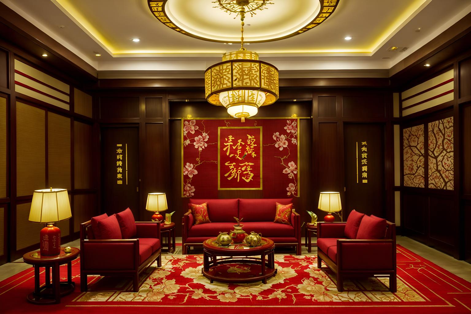 chinese new year-style (hotel lobby interior) with plant and sofas and coffee tables and rug and lounge chairs and check in desk and hanging lamps and furniture. . with vases of plum blossoms and orchids and paper cuttings and zodiac calendar and door couplets and red and gold tassels and paper firecrackers and red and gold candles and mei hwa flowers. . cinematic photo, highly detailed, cinematic lighting, ultra-detailed, ultrarealistic, photorealism, 8k. chinese new year interior design style. masterpiece, cinematic light, ultrarealistic+, photorealistic+, 8k, raw photo, realistic, sharp focus on eyes, (symmetrical eyes), (intact eyes), hyperrealistic, highest quality, best quality, , highly detailed, masterpiece, best quality, extremely detailed 8k wallpaper, masterpiece, best quality, ultra-detailed, best shadow, detailed background, detailed face, detailed eyes, high contrast, best illumination, detailed face, dulux, caustic, dynamic angle, detailed glow. dramatic lighting. highly detailed, insanely detailed hair, symmetrical, intricate details, professionally retouched, 8k high definition. strong bokeh. award winning photo.