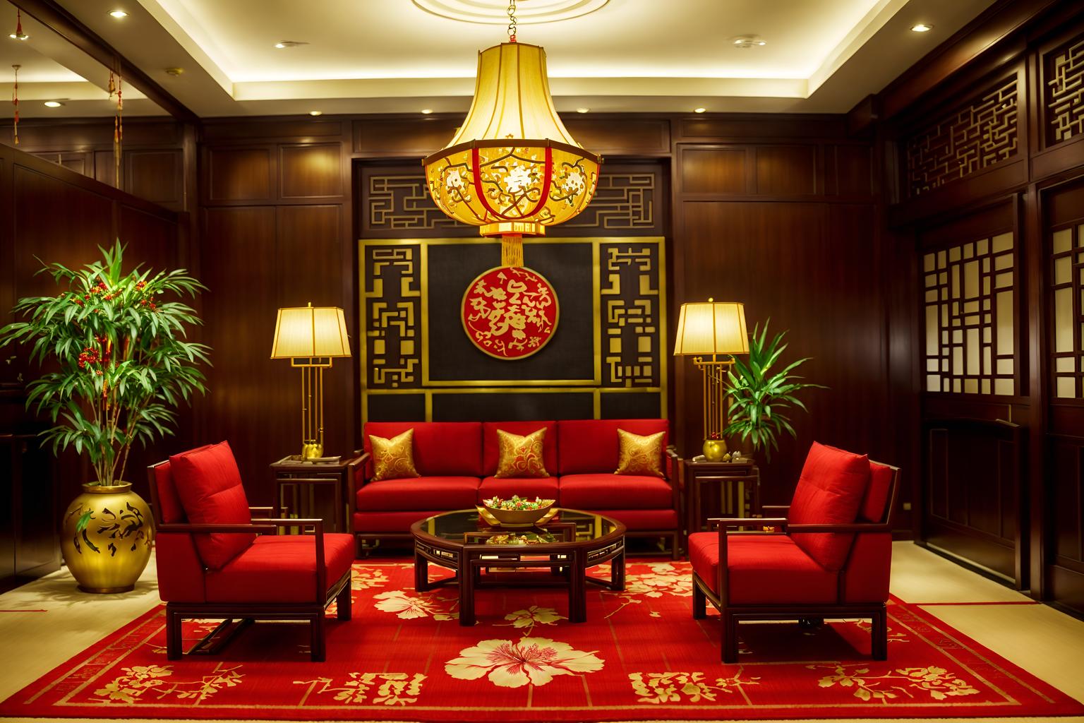 chinese new year-style (hotel lobby interior) with plant and sofas and coffee tables and rug and lounge chairs and check in desk and hanging lamps and furniture. . with vases of plum blossoms and orchids and paper cuttings and zodiac calendar and door couplets and red and gold tassels and paper firecrackers and red and gold candles and mei hwa flowers. . cinematic photo, highly detailed, cinematic lighting, ultra-detailed, ultrarealistic, photorealism, 8k. chinese new year interior design style. masterpiece, cinematic light, ultrarealistic+, photorealistic+, 8k, raw photo, realistic, sharp focus on eyes, (symmetrical eyes), (intact eyes), hyperrealistic, highest quality, best quality, , highly detailed, masterpiece, best quality, extremely detailed 8k wallpaper, masterpiece, best quality, ultra-detailed, best shadow, detailed background, detailed face, detailed eyes, high contrast, best illumination, detailed face, dulux, caustic, dynamic angle, detailed glow. dramatic lighting. highly detailed, insanely detailed hair, symmetrical, intricate details, professionally retouched, 8k high definition. strong bokeh. award winning photo.