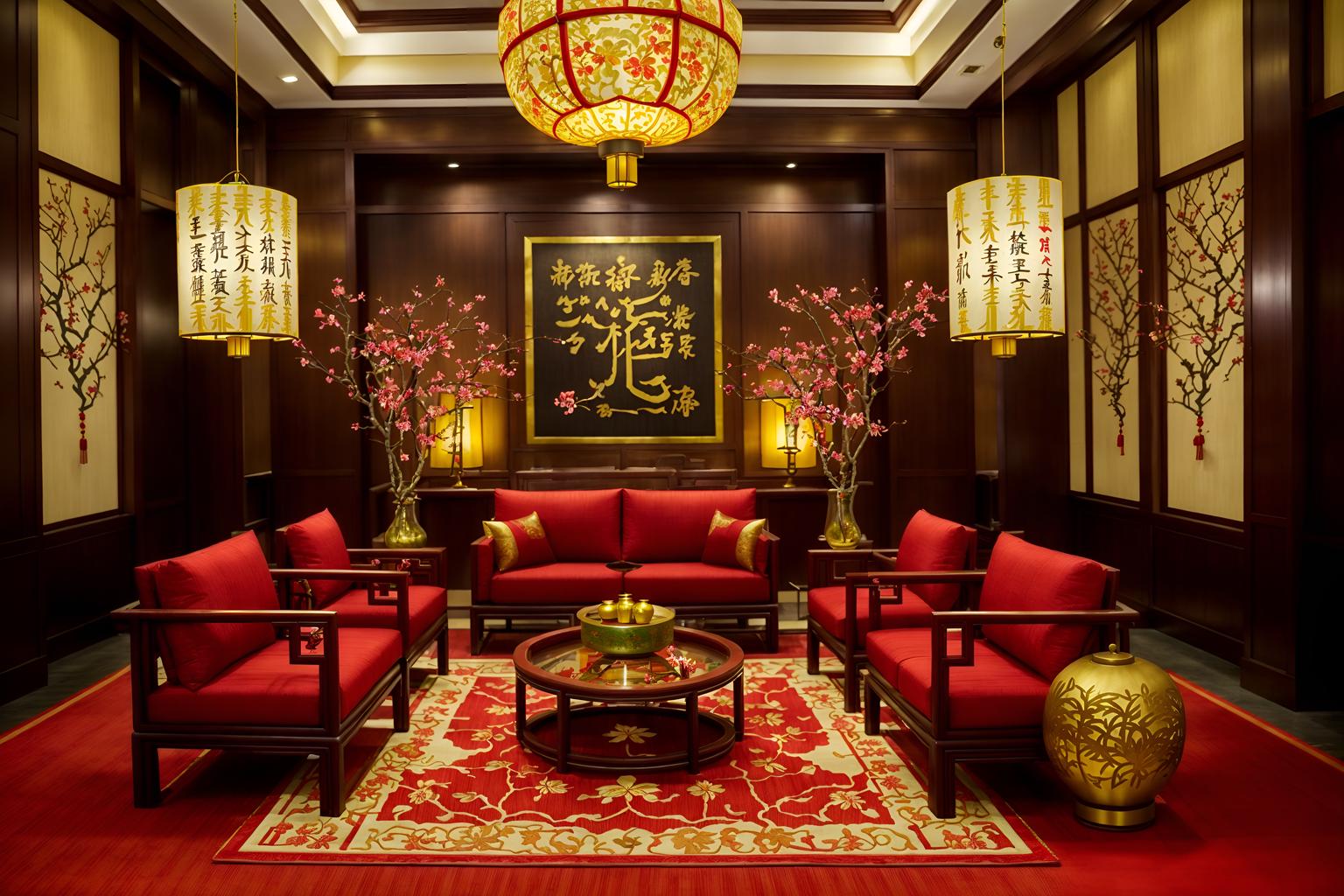 chinese new year-style (hotel lobby interior) with plant and sofas and coffee tables and rug and lounge chairs and check in desk and hanging lamps and furniture. . with vases of plum blossoms and orchids and paper cuttings and zodiac calendar and door couplets and red and gold tassels and paper firecrackers and red and gold candles and mei hwa flowers. . cinematic photo, highly detailed, cinematic lighting, ultra-detailed, ultrarealistic, photorealism, 8k. chinese new year interior design style. masterpiece, cinematic light, ultrarealistic+, photorealistic+, 8k, raw photo, realistic, sharp focus on eyes, (symmetrical eyes), (intact eyes), hyperrealistic, highest quality, best quality, , highly detailed, masterpiece, best quality, extremely detailed 8k wallpaper, masterpiece, best quality, ultra-detailed, best shadow, detailed background, detailed face, detailed eyes, high contrast, best illumination, detailed face, dulux, caustic, dynamic angle, detailed glow. dramatic lighting. highly detailed, insanely detailed hair, symmetrical, intricate details, professionally retouched, 8k high definition. strong bokeh. award winning photo.