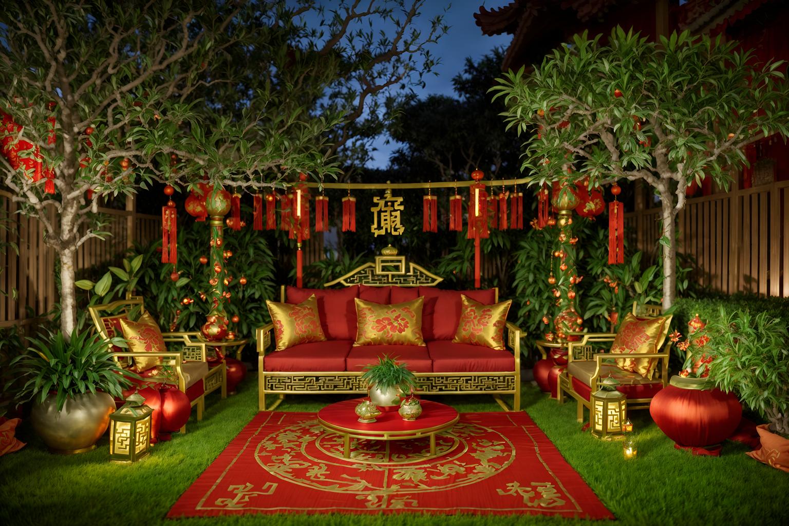 chinese new year-style designed (outdoor garden ) with garden plants and grass and garden tree and garden plants. . with money tree and orange trees and red and gold candles and red fabric & pillows and red and gold tassels and vases of plum blossoms and orchids and mei hwa flowers and zodiac calendar. . cinematic photo, highly detailed, cinematic lighting, ultra-detailed, ultrarealistic, photorealism, 8k. chinese new year design style. masterpiece, cinematic light, ultrarealistic+, photorealistic+, 8k, raw photo, realistic, sharp focus on eyes, (symmetrical eyes), (intact eyes), hyperrealistic, highest quality, best quality, , highly detailed, masterpiece, best quality, extremely detailed 8k wallpaper, masterpiece, best quality, ultra-detailed, best shadow, detailed background, detailed face, detailed eyes, high contrast, best illumination, detailed face, dulux, caustic, dynamic angle, detailed glow. dramatic lighting. highly detailed, insanely detailed hair, symmetrical, intricate details, professionally retouched, 8k high definition. strong bokeh. award winning photo.