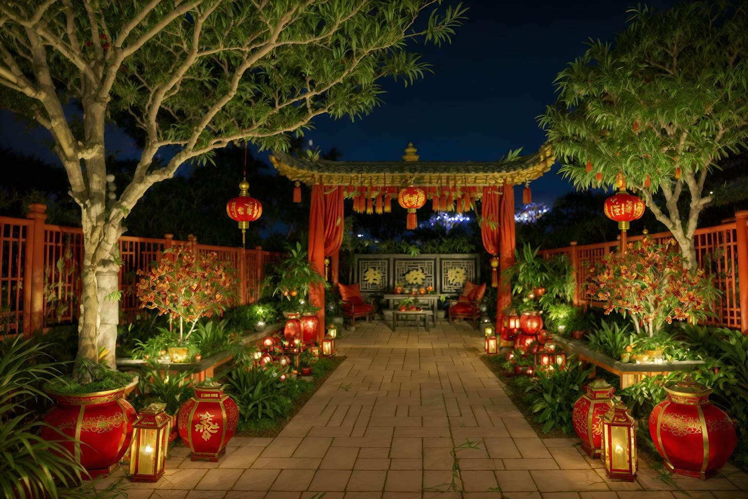 chinese new year-style designed (outdoor garden ) with garden plants and grass and garden tree and garden plants. . with money tree and orange trees and red and gold candles and red fabric & pillows and red and gold tassels and vases of plum blossoms and orchids and mei hwa flowers and zodiac calendar. . cinematic photo, highly detailed, cinematic lighting, ultra-detailed, ultrarealistic, photorealism, 8k. chinese new year design style. masterpiece, cinematic light, ultrarealistic+, photorealistic+, 8k, raw photo, realistic, sharp focus on eyes, (symmetrical eyes), (intact eyes), hyperrealistic, highest quality, best quality, , highly detailed, masterpiece, best quality, extremely detailed 8k wallpaper, masterpiece, best quality, ultra-detailed, best shadow, detailed background, detailed face, detailed eyes, high contrast, best illumination, detailed face, dulux, caustic, dynamic angle, detailed glow. dramatic lighting. highly detailed, insanely detailed hair, symmetrical, intricate details, professionally retouched, 8k high definition. strong bokeh. award winning photo.