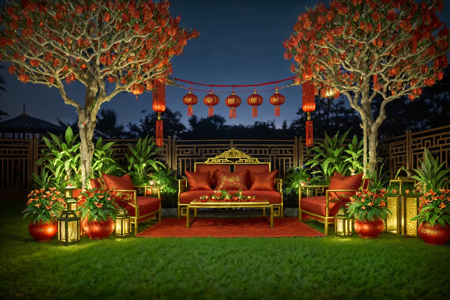 chinese new year-style designed (outdoor garden ) with garden plants and grass and garden tree and garden plants. . with money tree and orange trees and red and gold candles and red fabric & pillows and red and gold tassels and vases of plum blossoms and orchids and mei hwa flowers and zodiac calendar. . cinematic photo, highly detailed, cinematic lighting, ultra-detailed, ultrarealistic, photorealism, 8k. chinese new year design style. masterpiece, cinematic light, ultrarealistic+, photorealistic+, 8k, raw photo, realistic, sharp focus on eyes, (symmetrical eyes), (intact eyes), hyperrealistic, highest quality, best quality, , highly detailed, masterpiece, best quality, extremely detailed 8k wallpaper, masterpiece, best quality, ultra-detailed, best shadow, detailed background, detailed face, detailed eyes, high contrast, best illumination, detailed face, dulux, caustic, dynamic angle, detailed glow. dramatic lighting. highly detailed, insanely detailed hair, symmetrical, intricate details, professionally retouched, 8k high definition. strong bokeh. award winning photo.