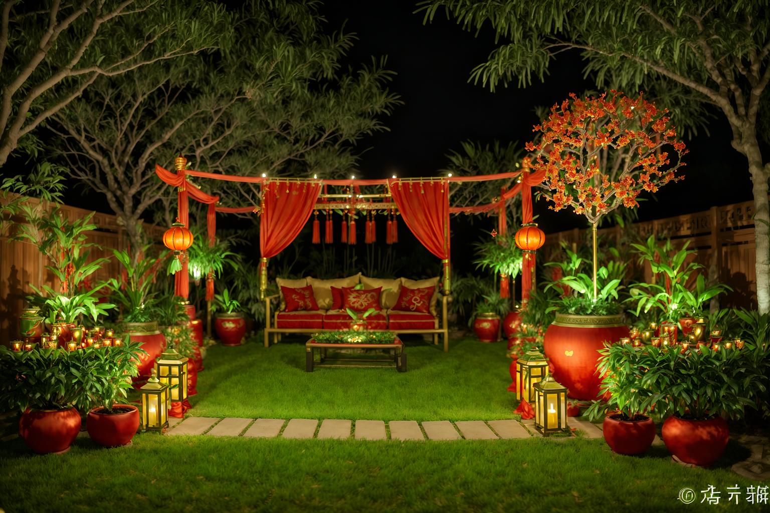 chinese new year-style designed (outdoor garden ) with garden plants and grass and garden tree and garden plants. . with money tree and orange trees and red and gold candles and red fabric & pillows and red and gold tassels and vases of plum blossoms and orchids and mei hwa flowers and zodiac calendar. . cinematic photo, highly detailed, cinematic lighting, ultra-detailed, ultrarealistic, photorealism, 8k. chinese new year design style. masterpiece, cinematic light, ultrarealistic+, photorealistic+, 8k, raw photo, realistic, sharp focus on eyes, (symmetrical eyes), (intact eyes), hyperrealistic, highest quality, best quality, , highly detailed, masterpiece, best quality, extremely detailed 8k wallpaper, masterpiece, best quality, ultra-detailed, best shadow, detailed background, detailed face, detailed eyes, high contrast, best illumination, detailed face, dulux, caustic, dynamic angle, detailed glow. dramatic lighting. highly detailed, insanely detailed hair, symmetrical, intricate details, professionally retouched, 8k high definition. strong bokeh. award winning photo.