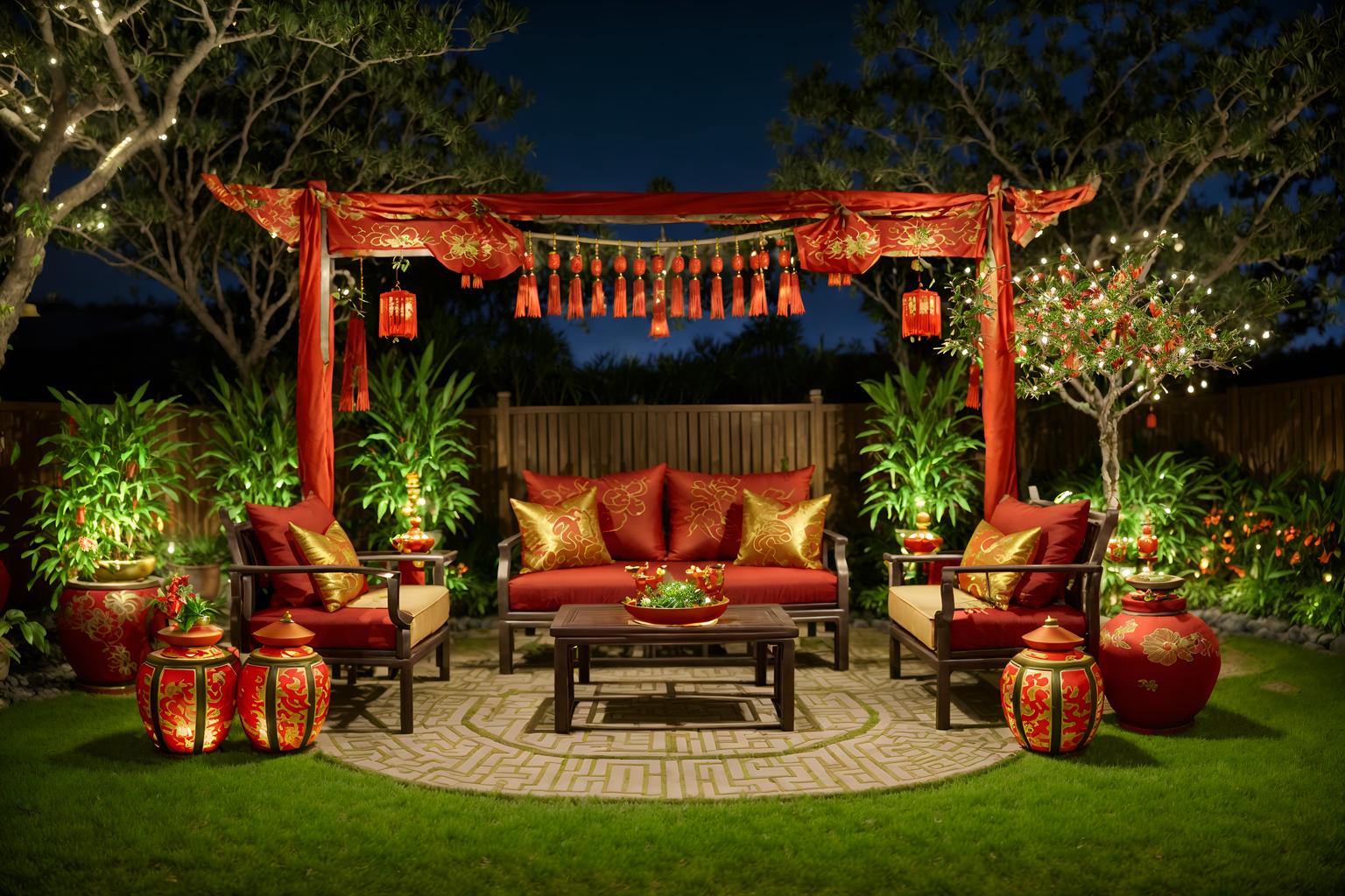 chinese new year-style designed (outdoor garden ) with garden plants and grass and garden tree and garden plants. . with money tree and orange trees and red and gold candles and red fabric & pillows and red and gold tassels and vases of plum blossoms and orchids and mei hwa flowers and zodiac calendar. . cinematic photo, highly detailed, cinematic lighting, ultra-detailed, ultrarealistic, photorealism, 8k. chinese new year design style. masterpiece, cinematic light, ultrarealistic+, photorealistic+, 8k, raw photo, realistic, sharp focus on eyes, (symmetrical eyes), (intact eyes), hyperrealistic, highest quality, best quality, , highly detailed, masterpiece, best quality, extremely detailed 8k wallpaper, masterpiece, best quality, ultra-detailed, best shadow, detailed background, detailed face, detailed eyes, high contrast, best illumination, detailed face, dulux, caustic, dynamic angle, detailed glow. dramatic lighting. highly detailed, insanely detailed hair, symmetrical, intricate details, professionally retouched, 8k high definition. strong bokeh. award winning photo.