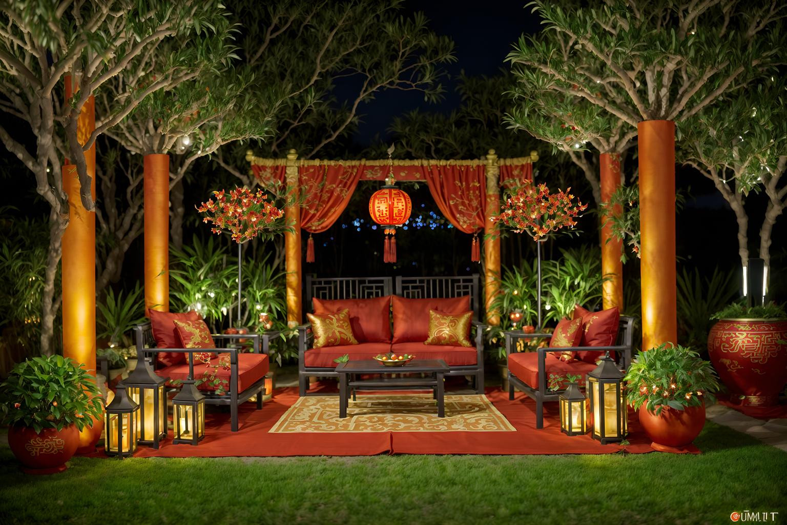 chinese new year-style designed (outdoor garden ) with garden plants and grass and garden tree and garden plants. . with money tree and orange trees and red and gold candles and red fabric & pillows and red and gold tassels and vases of plum blossoms and orchids and mei hwa flowers and zodiac calendar. . cinematic photo, highly detailed, cinematic lighting, ultra-detailed, ultrarealistic, photorealism, 8k. chinese new year design style. masterpiece, cinematic light, ultrarealistic+, photorealistic+, 8k, raw photo, realistic, sharp focus on eyes, (symmetrical eyes), (intact eyes), hyperrealistic, highest quality, best quality, , highly detailed, masterpiece, best quality, extremely detailed 8k wallpaper, masterpiece, best quality, ultra-detailed, best shadow, detailed background, detailed face, detailed eyes, high contrast, best illumination, detailed face, dulux, caustic, dynamic angle, detailed glow. dramatic lighting. highly detailed, insanely detailed hair, symmetrical, intricate details, professionally retouched, 8k high definition. strong bokeh. award winning photo.