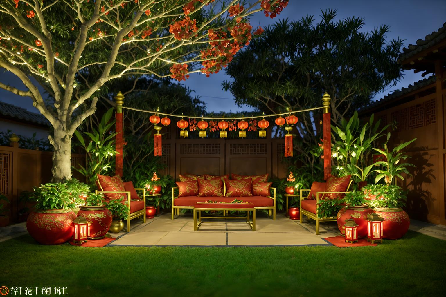 chinese new year-style designed (outdoor garden ) with garden plants and grass and garden tree and garden plants. . with money tree and orange trees and red and gold candles and red fabric & pillows and red and gold tassels and vases of plum blossoms and orchids and mei hwa flowers and zodiac calendar. . cinematic photo, highly detailed, cinematic lighting, ultra-detailed, ultrarealistic, photorealism, 8k. chinese new year design style. masterpiece, cinematic light, ultrarealistic+, photorealistic+, 8k, raw photo, realistic, sharp focus on eyes, (symmetrical eyes), (intact eyes), hyperrealistic, highest quality, best quality, , highly detailed, masterpiece, best quality, extremely detailed 8k wallpaper, masterpiece, best quality, ultra-detailed, best shadow, detailed background, detailed face, detailed eyes, high contrast, best illumination, detailed face, dulux, caustic, dynamic angle, detailed glow. dramatic lighting. highly detailed, insanely detailed hair, symmetrical, intricate details, professionally retouched, 8k high definition. strong bokeh. award winning photo.