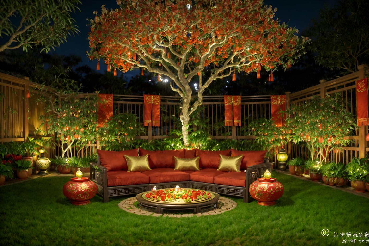 chinese new year-style designed (outdoor garden ) with garden plants and grass and garden tree and garden plants. . with money tree and orange trees and red and gold candles and red fabric & pillows and red and gold tassels and vases of plum blossoms and orchids and mei hwa flowers and zodiac calendar. . cinematic photo, highly detailed, cinematic lighting, ultra-detailed, ultrarealistic, photorealism, 8k. chinese new year design style. masterpiece, cinematic light, ultrarealistic+, photorealistic+, 8k, raw photo, realistic, sharp focus on eyes, (symmetrical eyes), (intact eyes), hyperrealistic, highest quality, best quality, , highly detailed, masterpiece, best quality, extremely detailed 8k wallpaper, masterpiece, best quality, ultra-detailed, best shadow, detailed background, detailed face, detailed eyes, high contrast, best illumination, detailed face, dulux, caustic, dynamic angle, detailed glow. dramatic lighting. highly detailed, insanely detailed hair, symmetrical, intricate details, professionally retouched, 8k high definition. strong bokeh. award winning photo.
