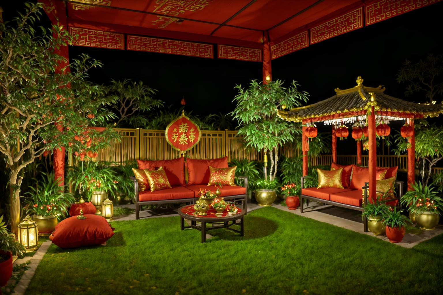 chinese new year-style designed (outdoor garden ) with garden plants and grass and garden tree and garden plants. . with money tree and orange trees and red and gold candles and red fabric & pillows and red and gold tassels and vases of plum blossoms and orchids and mei hwa flowers and zodiac calendar. . cinematic photo, highly detailed, cinematic lighting, ultra-detailed, ultrarealistic, photorealism, 8k. chinese new year design style. masterpiece, cinematic light, ultrarealistic+, photorealistic+, 8k, raw photo, realistic, sharp focus on eyes, (symmetrical eyes), (intact eyes), hyperrealistic, highest quality, best quality, , highly detailed, masterpiece, best quality, extremely detailed 8k wallpaper, masterpiece, best quality, ultra-detailed, best shadow, detailed background, detailed face, detailed eyes, high contrast, best illumination, detailed face, dulux, caustic, dynamic angle, detailed glow. dramatic lighting. highly detailed, insanely detailed hair, symmetrical, intricate details, professionally retouched, 8k high definition. strong bokeh. award winning photo.