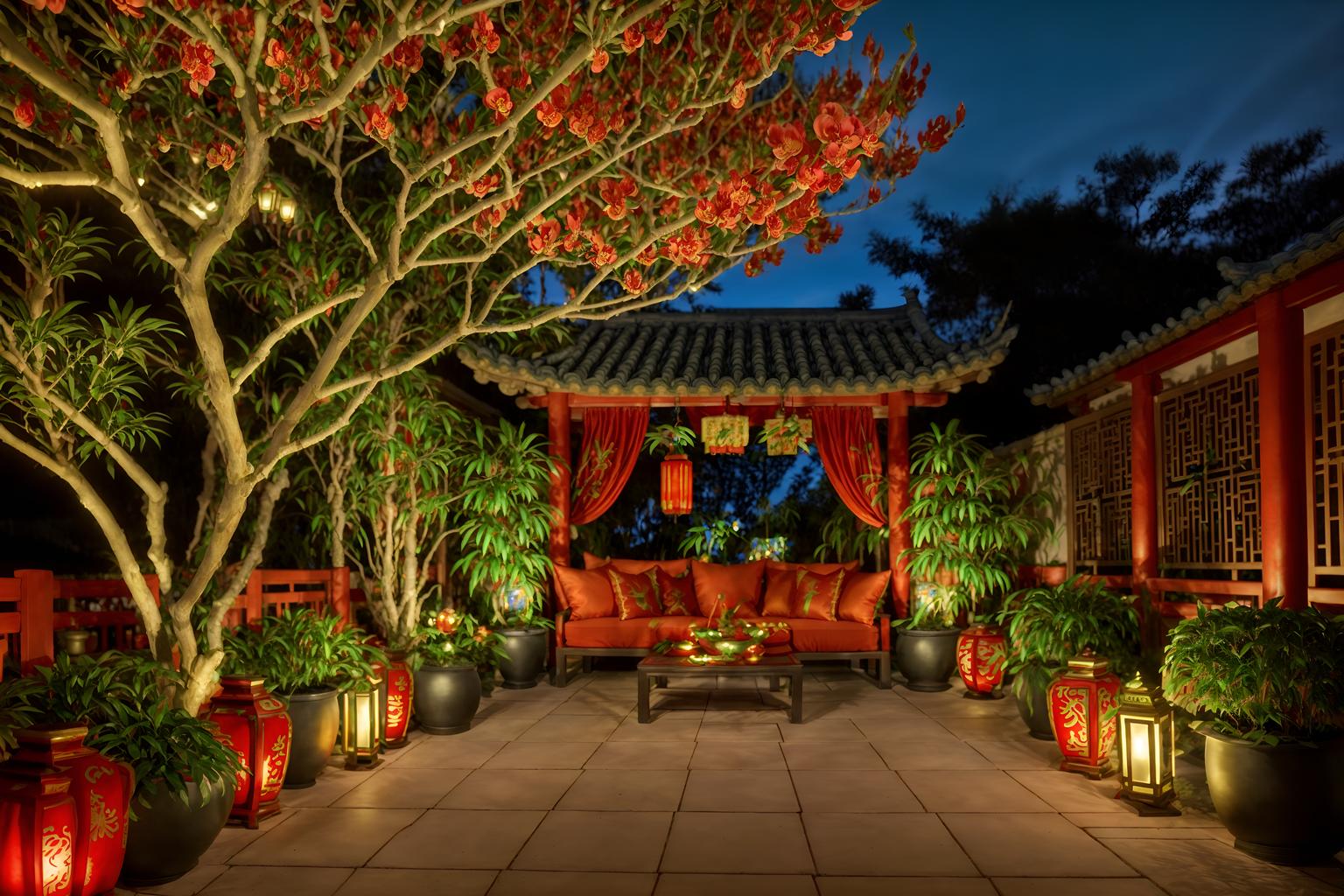 chinese new year-style designed (outdoor garden ) with garden plants and grass and garden tree and garden plants. . with money tree and orange trees and red and gold candles and red fabric & pillows and red and gold tassels and vases of plum blossoms and orchids and mei hwa flowers and zodiac calendar. . cinematic photo, highly detailed, cinematic lighting, ultra-detailed, ultrarealistic, photorealism, 8k. chinese new year design style. masterpiece, cinematic light, ultrarealistic+, photorealistic+, 8k, raw photo, realistic, sharp focus on eyes, (symmetrical eyes), (intact eyes), hyperrealistic, highest quality, best quality, , highly detailed, masterpiece, best quality, extremely detailed 8k wallpaper, masterpiece, best quality, ultra-detailed, best shadow, detailed background, detailed face, detailed eyes, high contrast, best illumination, detailed face, dulux, caustic, dynamic angle, detailed glow. dramatic lighting. highly detailed, insanely detailed hair, symmetrical, intricate details, professionally retouched, 8k high definition. strong bokeh. award winning photo.