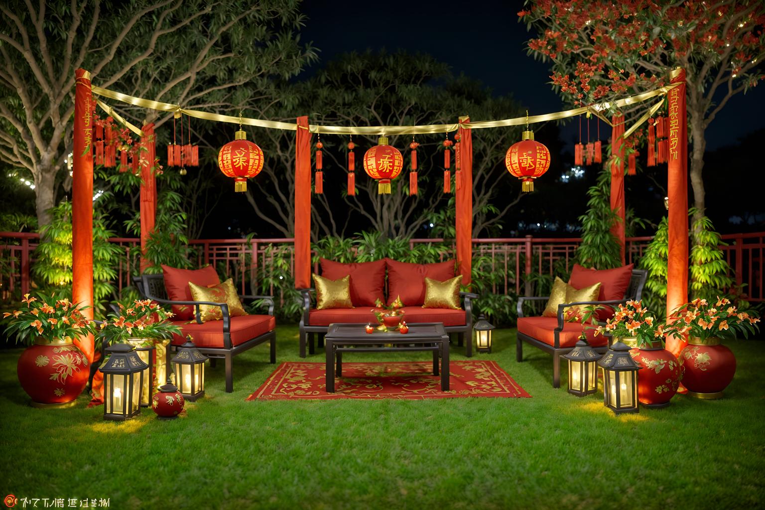 chinese new year-style designed (outdoor garden ) with garden plants and grass and garden tree and garden plants. . with money tree and orange trees and red and gold candles and red fabric & pillows and red and gold tassels and vases of plum blossoms and orchids and mei hwa flowers and zodiac calendar. . cinematic photo, highly detailed, cinematic lighting, ultra-detailed, ultrarealistic, photorealism, 8k. chinese new year design style. masterpiece, cinematic light, ultrarealistic+, photorealistic+, 8k, raw photo, realistic, sharp focus on eyes, (symmetrical eyes), (intact eyes), hyperrealistic, highest quality, best quality, , highly detailed, masterpiece, best quality, extremely detailed 8k wallpaper, masterpiece, best quality, ultra-detailed, best shadow, detailed background, detailed face, detailed eyes, high contrast, best illumination, detailed face, dulux, caustic, dynamic angle, detailed glow. dramatic lighting. highly detailed, insanely detailed hair, symmetrical, intricate details, professionally retouched, 8k high definition. strong bokeh. award winning photo.