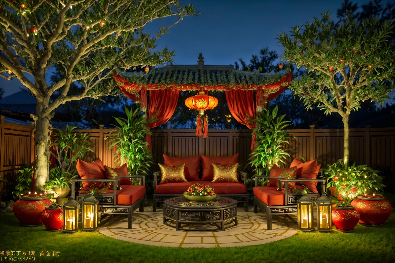 chinese new year-style designed (outdoor garden ) with garden plants and grass and garden tree and garden plants. . with money tree and orange trees and red and gold candles and red fabric & pillows and red and gold tassels and vases of plum blossoms and orchids and mei hwa flowers and zodiac calendar. . cinematic photo, highly detailed, cinematic lighting, ultra-detailed, ultrarealistic, photorealism, 8k. chinese new year design style. masterpiece, cinematic light, ultrarealistic+, photorealistic+, 8k, raw photo, realistic, sharp focus on eyes, (symmetrical eyes), (intact eyes), hyperrealistic, highest quality, best quality, , highly detailed, masterpiece, best quality, extremely detailed 8k wallpaper, masterpiece, best quality, ultra-detailed, best shadow, detailed background, detailed face, detailed eyes, high contrast, best illumination, detailed face, dulux, caustic, dynamic angle, detailed glow. dramatic lighting. highly detailed, insanely detailed hair, symmetrical, intricate details, professionally retouched, 8k high definition. strong bokeh. award winning photo.