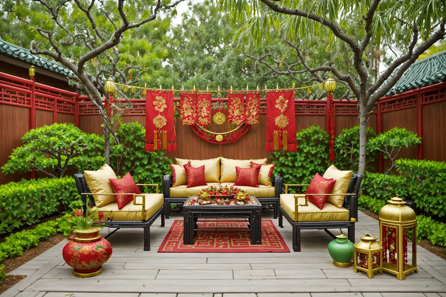 chinese new year-style designed (outdoor patio ) with barbeque or grill and plant and grass and deck with deck chairs and patio couch with pillows and barbeque or grill. . with red and gold tassels and chinese knots and money tree and vases of plum blossoms and orchids and mei hwa flowers and paper cuttings and red and gold candles and zodiac calendar. . cinematic photo, highly detailed, cinematic lighting, ultra-detailed, ultrarealistic, photorealism, 8k. chinese new year design style. masterpiece, cinematic light, ultrarealistic+, photorealistic+, 8k, raw photo, realistic, sharp focus on eyes, (symmetrical eyes), (intact eyes), hyperrealistic, highest quality, best quality, , highly detailed, masterpiece, best quality, extremely detailed 8k wallpaper, masterpiece, best quality, ultra-detailed, best shadow, detailed background, detailed face, detailed eyes, high contrast, best illumination, detailed face, dulux, caustic, dynamic angle, detailed glow. dramatic lighting. highly detailed, insanely detailed hair, symmetrical, intricate details, professionally retouched, 8k high definition. strong bokeh. award winning photo.