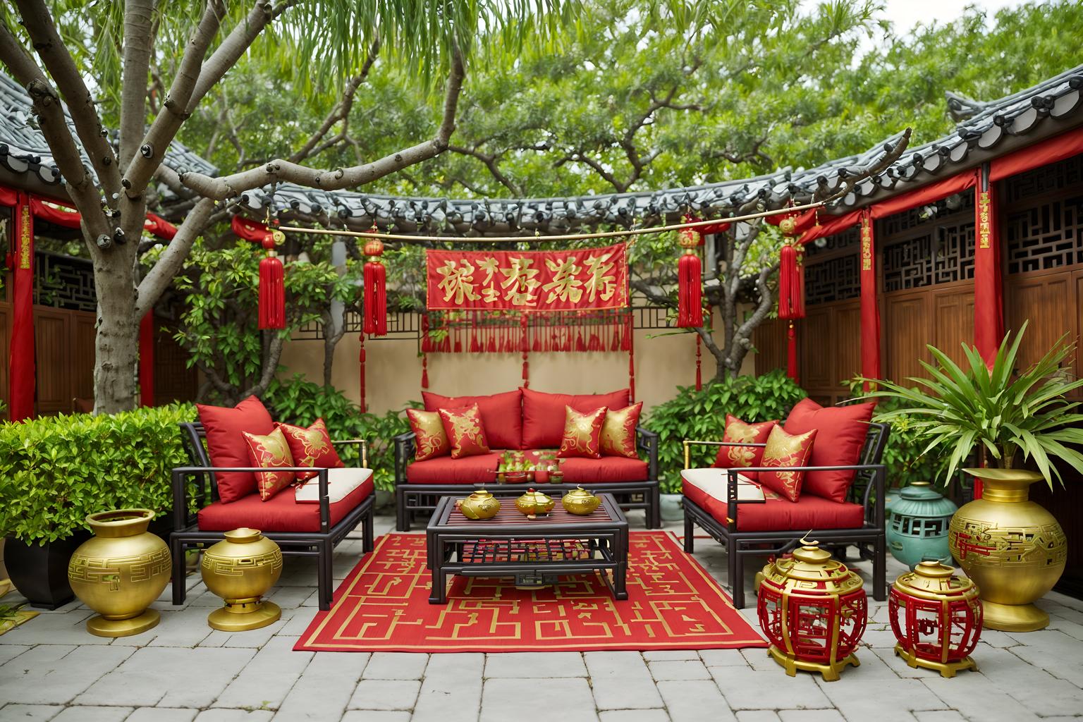 chinese new year-style designed (outdoor patio ) with barbeque or grill and plant and grass and deck with deck chairs and patio couch with pillows and barbeque or grill. . with red and gold tassels and chinese knots and money tree and vases of plum blossoms and orchids and mei hwa flowers and paper cuttings and red and gold candles and zodiac calendar. . cinematic photo, highly detailed, cinematic lighting, ultra-detailed, ultrarealistic, photorealism, 8k. chinese new year design style. masterpiece, cinematic light, ultrarealistic+, photorealistic+, 8k, raw photo, realistic, sharp focus on eyes, (symmetrical eyes), (intact eyes), hyperrealistic, highest quality, best quality, , highly detailed, masterpiece, best quality, extremely detailed 8k wallpaper, masterpiece, best quality, ultra-detailed, best shadow, detailed background, detailed face, detailed eyes, high contrast, best illumination, detailed face, dulux, caustic, dynamic angle, detailed glow. dramatic lighting. highly detailed, insanely detailed hair, symmetrical, intricate details, professionally retouched, 8k high definition. strong bokeh. award winning photo.