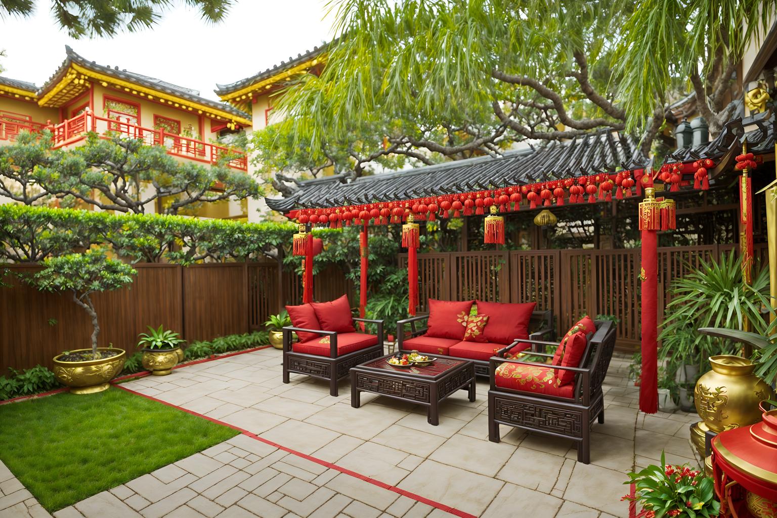 chinese new year-style designed (outdoor patio ) with barbeque or grill and plant and grass and deck with deck chairs and patio couch with pillows and barbeque or grill. . with red and gold tassels and chinese knots and money tree and vases of plum blossoms and orchids and mei hwa flowers and paper cuttings and red and gold candles and zodiac calendar. . cinematic photo, highly detailed, cinematic lighting, ultra-detailed, ultrarealistic, photorealism, 8k. chinese new year design style. masterpiece, cinematic light, ultrarealistic+, photorealistic+, 8k, raw photo, realistic, sharp focus on eyes, (symmetrical eyes), (intact eyes), hyperrealistic, highest quality, best quality, , highly detailed, masterpiece, best quality, extremely detailed 8k wallpaper, masterpiece, best quality, ultra-detailed, best shadow, detailed background, detailed face, detailed eyes, high contrast, best illumination, detailed face, dulux, caustic, dynamic angle, detailed glow. dramatic lighting. highly detailed, insanely detailed hair, symmetrical, intricate details, professionally retouched, 8k high definition. strong bokeh. award winning photo.