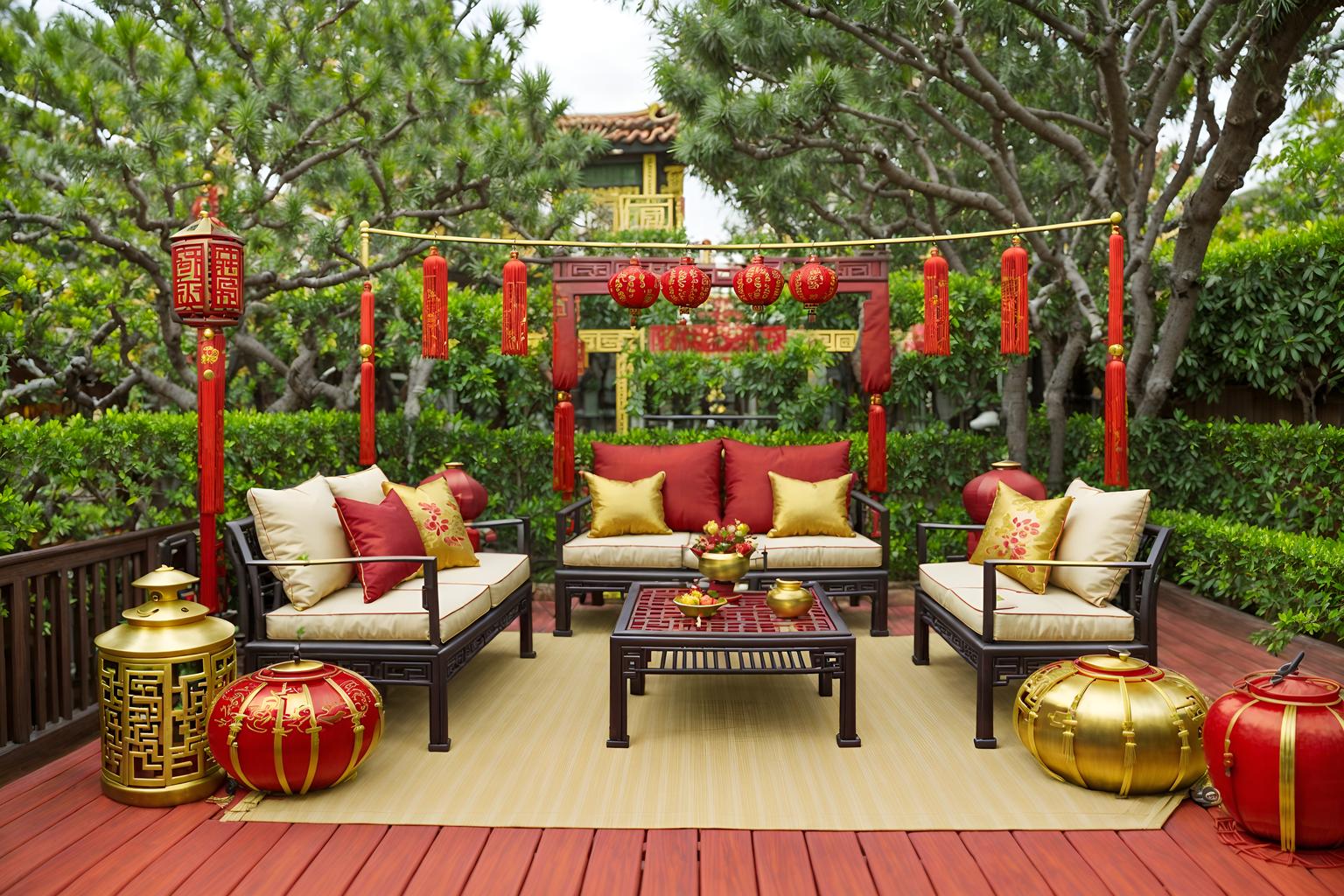 chinese new year-style designed (outdoor patio ) with barbeque or grill and plant and grass and deck with deck chairs and patio couch with pillows and barbeque or grill. . with red and gold tassels and chinese knots and money tree and vases of plum blossoms and orchids and mei hwa flowers and paper cuttings and red and gold candles and zodiac calendar. . cinematic photo, highly detailed, cinematic lighting, ultra-detailed, ultrarealistic, photorealism, 8k. chinese new year design style. masterpiece, cinematic light, ultrarealistic+, photorealistic+, 8k, raw photo, realistic, sharp focus on eyes, (symmetrical eyes), (intact eyes), hyperrealistic, highest quality, best quality, , highly detailed, masterpiece, best quality, extremely detailed 8k wallpaper, masterpiece, best quality, ultra-detailed, best shadow, detailed background, detailed face, detailed eyes, high contrast, best illumination, detailed face, dulux, caustic, dynamic angle, detailed glow. dramatic lighting. highly detailed, insanely detailed hair, symmetrical, intricate details, professionally retouched, 8k high definition. strong bokeh. award winning photo.