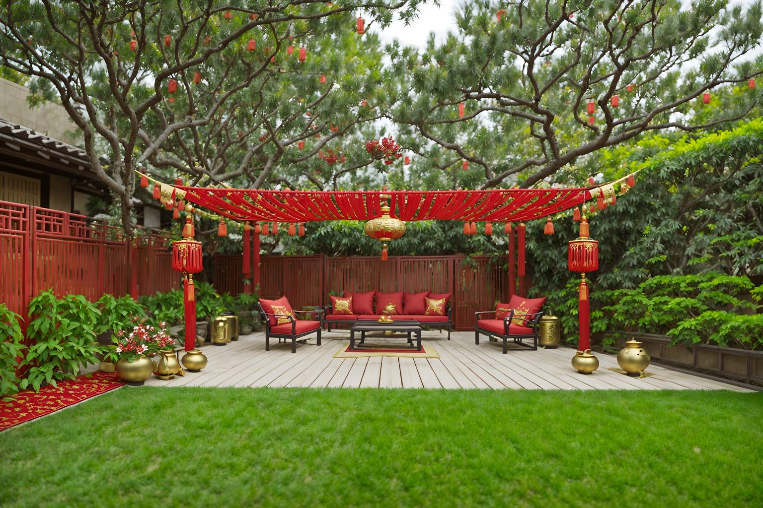 chinese new year-style designed (outdoor patio ) with barbeque or grill and plant and grass and deck with deck chairs and patio couch with pillows and barbeque or grill. . with red and gold tassels and chinese knots and money tree and vases of plum blossoms and orchids and mei hwa flowers and paper cuttings and red and gold candles and zodiac calendar. . cinematic photo, highly detailed, cinematic lighting, ultra-detailed, ultrarealistic, photorealism, 8k. chinese new year design style. masterpiece, cinematic light, ultrarealistic+, photorealistic+, 8k, raw photo, realistic, sharp focus on eyes, (symmetrical eyes), (intact eyes), hyperrealistic, highest quality, best quality, , highly detailed, masterpiece, best quality, extremely detailed 8k wallpaper, masterpiece, best quality, ultra-detailed, best shadow, detailed background, detailed face, detailed eyes, high contrast, best illumination, detailed face, dulux, caustic, dynamic angle, detailed glow. dramatic lighting. highly detailed, insanely detailed hair, symmetrical, intricate details, professionally retouched, 8k high definition. strong bokeh. award winning photo.