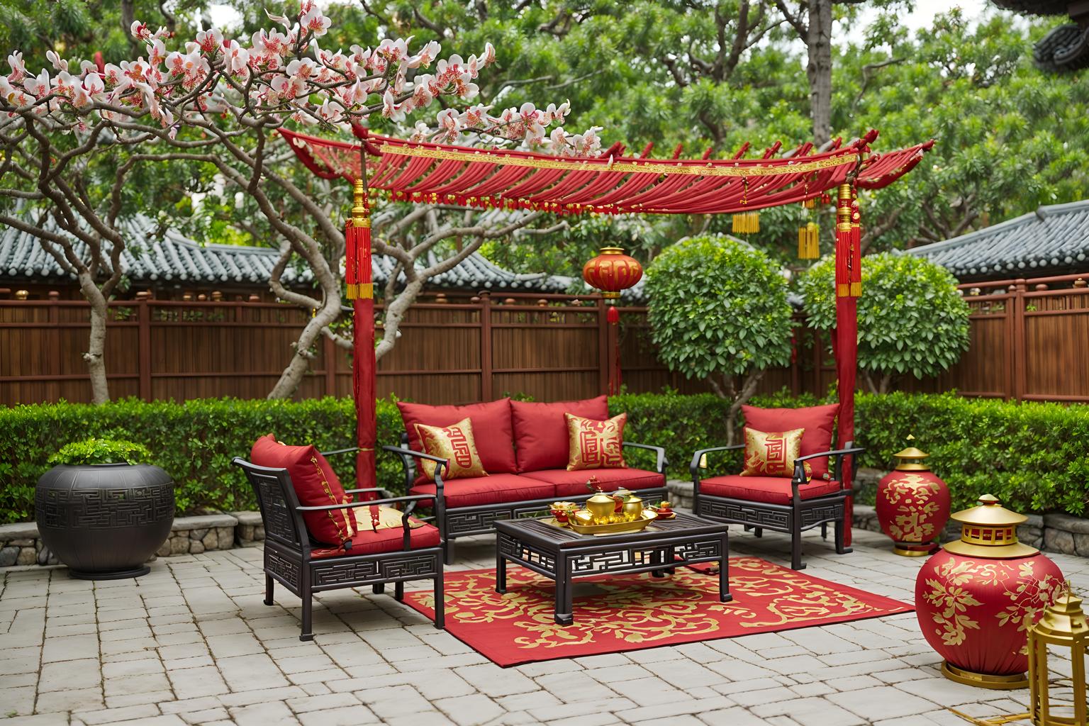 chinese new year-style designed (outdoor patio ) with barbeque or grill and plant and grass and deck with deck chairs and patio couch with pillows and barbeque or grill. . with red and gold tassels and chinese knots and money tree and vases of plum blossoms and orchids and mei hwa flowers and paper cuttings and red and gold candles and zodiac calendar. . cinematic photo, highly detailed, cinematic lighting, ultra-detailed, ultrarealistic, photorealism, 8k. chinese new year design style. masterpiece, cinematic light, ultrarealistic+, photorealistic+, 8k, raw photo, realistic, sharp focus on eyes, (symmetrical eyes), (intact eyes), hyperrealistic, highest quality, best quality, , highly detailed, masterpiece, best quality, extremely detailed 8k wallpaper, masterpiece, best quality, ultra-detailed, best shadow, detailed background, detailed face, detailed eyes, high contrast, best illumination, detailed face, dulux, caustic, dynamic angle, detailed glow. dramatic lighting. highly detailed, insanely detailed hair, symmetrical, intricate details, professionally retouched, 8k high definition. strong bokeh. award winning photo.