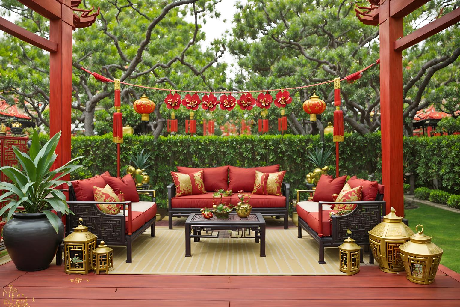 chinese new year-style designed (outdoor patio ) with barbeque or grill and plant and grass and deck with deck chairs and patio couch with pillows and barbeque or grill. . with red and gold tassels and chinese knots and money tree and vases of plum blossoms and orchids and mei hwa flowers and paper cuttings and red and gold candles and zodiac calendar. . cinematic photo, highly detailed, cinematic lighting, ultra-detailed, ultrarealistic, photorealism, 8k. chinese new year design style. masterpiece, cinematic light, ultrarealistic+, photorealistic+, 8k, raw photo, realistic, sharp focus on eyes, (symmetrical eyes), (intact eyes), hyperrealistic, highest quality, best quality, , highly detailed, masterpiece, best quality, extremely detailed 8k wallpaper, masterpiece, best quality, ultra-detailed, best shadow, detailed background, detailed face, detailed eyes, high contrast, best illumination, detailed face, dulux, caustic, dynamic angle, detailed glow. dramatic lighting. highly detailed, insanely detailed hair, symmetrical, intricate details, professionally retouched, 8k high definition. strong bokeh. award winning photo.