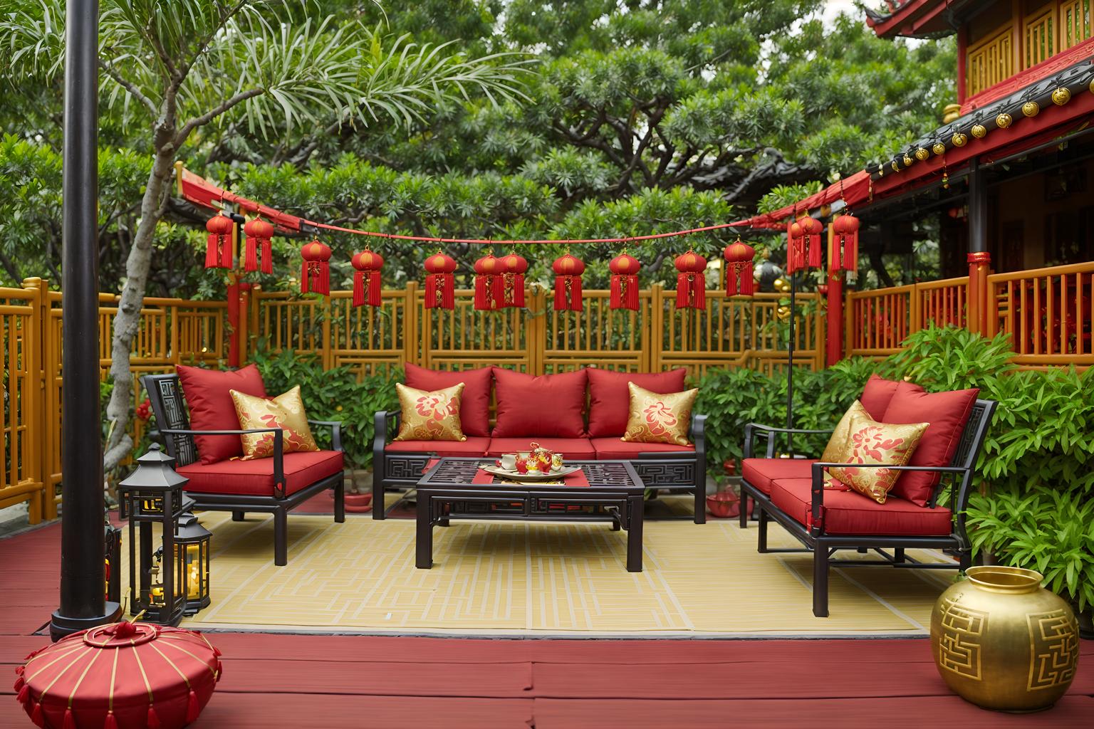 chinese new year-style designed (outdoor patio ) with barbeque or grill and plant and grass and deck with deck chairs and patio couch with pillows and barbeque or grill. . with red and gold tassels and chinese knots and money tree and vases of plum blossoms and orchids and mei hwa flowers and paper cuttings and red and gold candles and zodiac calendar. . cinematic photo, highly detailed, cinematic lighting, ultra-detailed, ultrarealistic, photorealism, 8k. chinese new year design style. masterpiece, cinematic light, ultrarealistic+, photorealistic+, 8k, raw photo, realistic, sharp focus on eyes, (symmetrical eyes), (intact eyes), hyperrealistic, highest quality, best quality, , highly detailed, masterpiece, best quality, extremely detailed 8k wallpaper, masterpiece, best quality, ultra-detailed, best shadow, detailed background, detailed face, detailed eyes, high contrast, best illumination, detailed face, dulux, caustic, dynamic angle, detailed glow. dramatic lighting. highly detailed, insanely detailed hair, symmetrical, intricate details, professionally retouched, 8k high definition. strong bokeh. award winning photo.