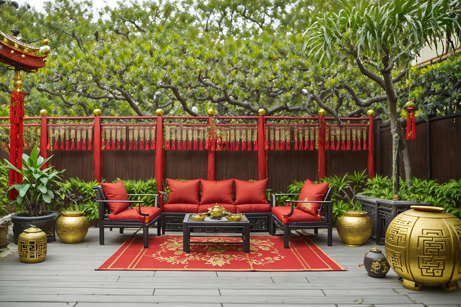 chinese new year-style designed (outdoor patio ) with barbeque or grill and plant and grass and deck with deck chairs and patio couch with pillows and barbeque or grill. . with red and gold tassels and chinese knots and money tree and vases of plum blossoms and orchids and mei hwa flowers and paper cuttings and red and gold candles and zodiac calendar. . cinematic photo, highly detailed, cinematic lighting, ultra-detailed, ultrarealistic, photorealism, 8k. chinese new year design style. masterpiece, cinematic light, ultrarealistic+, photorealistic+, 8k, raw photo, realistic, sharp focus on eyes, (symmetrical eyes), (intact eyes), hyperrealistic, highest quality, best quality, , highly detailed, masterpiece, best quality, extremely detailed 8k wallpaper, masterpiece, best quality, ultra-detailed, best shadow, detailed background, detailed face, detailed eyes, high contrast, best illumination, detailed face, dulux, caustic, dynamic angle, detailed glow. dramatic lighting. highly detailed, insanely detailed hair, symmetrical, intricate details, professionally retouched, 8k high definition. strong bokeh. award winning photo.