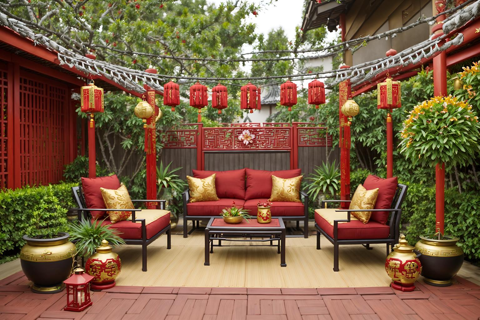 chinese new year-style designed (outdoor patio ) with barbeque or grill and plant and grass and deck with deck chairs and patio couch with pillows and barbeque or grill. . with red and gold tassels and chinese knots and money tree and vases of plum blossoms and orchids and mei hwa flowers and paper cuttings and red and gold candles and zodiac calendar. . cinematic photo, highly detailed, cinematic lighting, ultra-detailed, ultrarealistic, photorealism, 8k. chinese new year design style. masterpiece, cinematic light, ultrarealistic+, photorealistic+, 8k, raw photo, realistic, sharp focus on eyes, (symmetrical eyes), (intact eyes), hyperrealistic, highest quality, best quality, , highly detailed, masterpiece, best quality, extremely detailed 8k wallpaper, masterpiece, best quality, ultra-detailed, best shadow, detailed background, detailed face, detailed eyes, high contrast, best illumination, detailed face, dulux, caustic, dynamic angle, detailed glow. dramatic lighting. highly detailed, insanely detailed hair, symmetrical, intricate details, professionally retouched, 8k high definition. strong bokeh. award winning photo.