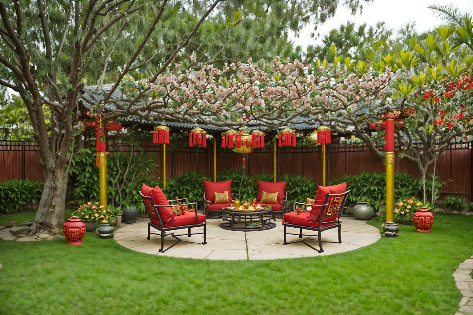 chinese new year-style designed (outdoor patio ) with barbeque or grill and plant and grass and deck with deck chairs and patio couch with pillows and barbeque or grill. . with red and gold tassels and chinese knots and money tree and vases of plum blossoms and orchids and mei hwa flowers and paper cuttings and red and gold candles and zodiac calendar. . cinematic photo, highly detailed, cinematic lighting, ultra-detailed, ultrarealistic, photorealism, 8k. chinese new year design style. masterpiece, cinematic light, ultrarealistic+, photorealistic+, 8k, raw photo, realistic, sharp focus on eyes, (symmetrical eyes), (intact eyes), hyperrealistic, highest quality, best quality, , highly detailed, masterpiece, best quality, extremely detailed 8k wallpaper, masterpiece, best quality, ultra-detailed, best shadow, detailed background, detailed face, detailed eyes, high contrast, best illumination, detailed face, dulux, caustic, dynamic angle, detailed glow. dramatic lighting. highly detailed, insanely detailed hair, symmetrical, intricate details, professionally retouched, 8k high definition. strong bokeh. award winning photo.