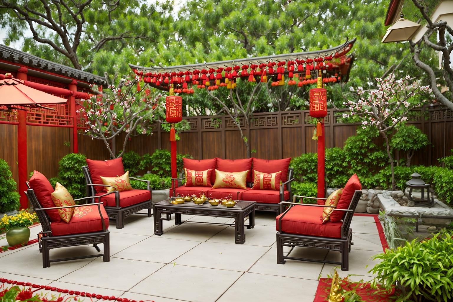 chinese new year-style designed (outdoor patio ) with barbeque or grill and plant and grass and deck with deck chairs and patio couch with pillows and barbeque or grill. . with red and gold tassels and chinese knots and money tree and vases of plum blossoms and orchids and mei hwa flowers and paper cuttings and red and gold candles and zodiac calendar. . cinematic photo, highly detailed, cinematic lighting, ultra-detailed, ultrarealistic, photorealism, 8k. chinese new year design style. masterpiece, cinematic light, ultrarealistic+, photorealistic+, 8k, raw photo, realistic, sharp focus on eyes, (symmetrical eyes), (intact eyes), hyperrealistic, highest quality, best quality, , highly detailed, masterpiece, best quality, extremely detailed 8k wallpaper, masterpiece, best quality, ultra-detailed, best shadow, detailed background, detailed face, detailed eyes, high contrast, best illumination, detailed face, dulux, caustic, dynamic angle, detailed glow. dramatic lighting. highly detailed, insanely detailed hair, symmetrical, intricate details, professionally retouched, 8k high definition. strong bokeh. award winning photo.