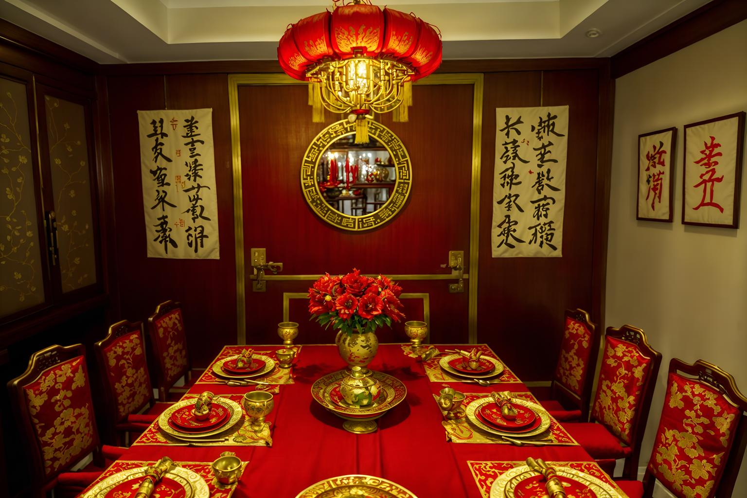 chinese new year-style (dining room interior) with painting or photo on wall and plant and vase and dining table chairs and dining table and light or chandelier and table cloth and plates, cutlery and glasses on dining table. . with fai chun banners and red and gold candles and red and gold tassels and red fabric & pillows and gold ingots and door couplets and kumquat trees and chinese knots. . cinematic photo, highly detailed, cinematic lighting, ultra-detailed, ultrarealistic, photorealism, 8k. chinese new year interior design style. masterpiece, cinematic light, ultrarealistic+, photorealistic+, 8k, raw photo, realistic, sharp focus on eyes, (symmetrical eyes), (intact eyes), hyperrealistic, highest quality, best quality, , highly detailed, masterpiece, best quality, extremely detailed 8k wallpaper, masterpiece, best quality, ultra-detailed, best shadow, detailed background, detailed face, detailed eyes, high contrast, best illumination, detailed face, dulux, caustic, dynamic angle, detailed glow. dramatic lighting. highly detailed, insanely detailed hair, symmetrical, intricate details, professionally retouched, 8k high definition. strong bokeh. award winning photo.