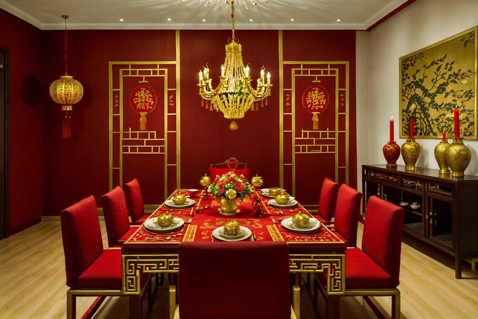 chinese new year-style (dining room interior) with painting or photo on wall and plant and vase and dining table chairs and dining table and light or chandelier and table cloth and plates, cutlery and glasses on dining table. . with fai chun banners and red and gold candles and red and gold tassels and red fabric & pillows and gold ingots and door couplets and kumquat trees and chinese knots. . cinematic photo, highly detailed, cinematic lighting, ultra-detailed, ultrarealistic, photorealism, 8k. chinese new year interior design style. masterpiece, cinematic light, ultrarealistic+, photorealistic+, 8k, raw photo, realistic, sharp focus on eyes, (symmetrical eyes), (intact eyes), hyperrealistic, highest quality, best quality, , highly detailed, masterpiece, best quality, extremely detailed 8k wallpaper, masterpiece, best quality, ultra-detailed, best shadow, detailed background, detailed face, detailed eyes, high contrast, best illumination, detailed face, dulux, caustic, dynamic angle, detailed glow. dramatic lighting. highly detailed, insanely detailed hair, symmetrical, intricate details, professionally retouched, 8k high definition. strong bokeh. award winning photo.