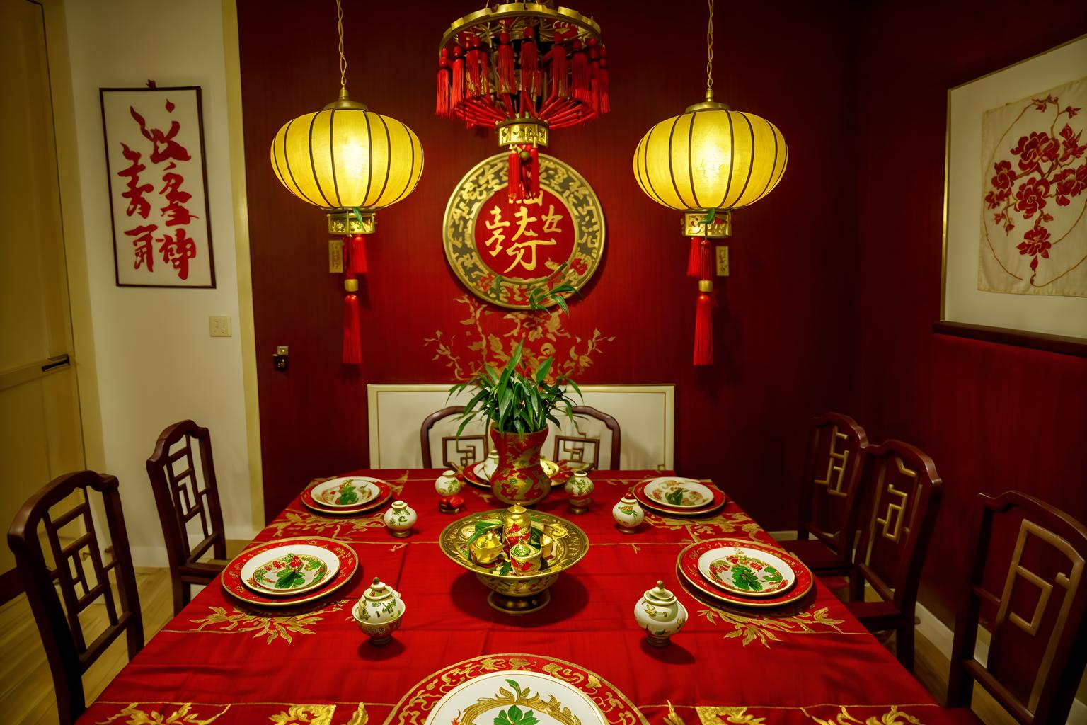 chinese new year-style (dining room interior) with painting or photo on wall and plant and vase and dining table chairs and dining table and light or chandelier and table cloth and plates, cutlery and glasses on dining table. . with fai chun banners and red and gold candles and red and gold tassels and red fabric & pillows and gold ingots and door couplets and kumquat trees and chinese knots. . cinematic photo, highly detailed, cinematic lighting, ultra-detailed, ultrarealistic, photorealism, 8k. chinese new year interior design style. masterpiece, cinematic light, ultrarealistic+, photorealistic+, 8k, raw photo, realistic, sharp focus on eyes, (symmetrical eyes), (intact eyes), hyperrealistic, highest quality, best quality, , highly detailed, masterpiece, best quality, extremely detailed 8k wallpaper, masterpiece, best quality, ultra-detailed, best shadow, detailed background, detailed face, detailed eyes, high contrast, best illumination, detailed face, dulux, caustic, dynamic angle, detailed glow. dramatic lighting. highly detailed, insanely detailed hair, symmetrical, intricate details, professionally retouched, 8k high definition. strong bokeh. award winning photo.