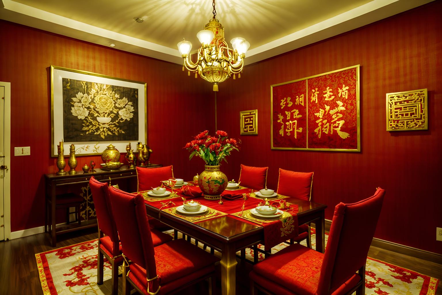 chinese new year-style (dining room interior) with painting or photo on wall and plant and vase and dining table chairs and dining table and light or chandelier and table cloth and plates, cutlery and glasses on dining table. . with fai chun banners and red and gold candles and red and gold tassels and red fabric & pillows and gold ingots and door couplets and kumquat trees and chinese knots. . cinematic photo, highly detailed, cinematic lighting, ultra-detailed, ultrarealistic, photorealism, 8k. chinese new year interior design style. masterpiece, cinematic light, ultrarealistic+, photorealistic+, 8k, raw photo, realistic, sharp focus on eyes, (symmetrical eyes), (intact eyes), hyperrealistic, highest quality, best quality, , highly detailed, masterpiece, best quality, extremely detailed 8k wallpaper, masterpiece, best quality, ultra-detailed, best shadow, detailed background, detailed face, detailed eyes, high contrast, best illumination, detailed face, dulux, caustic, dynamic angle, detailed glow. dramatic lighting. highly detailed, insanely detailed hair, symmetrical, intricate details, professionally retouched, 8k high definition. strong bokeh. award winning photo.