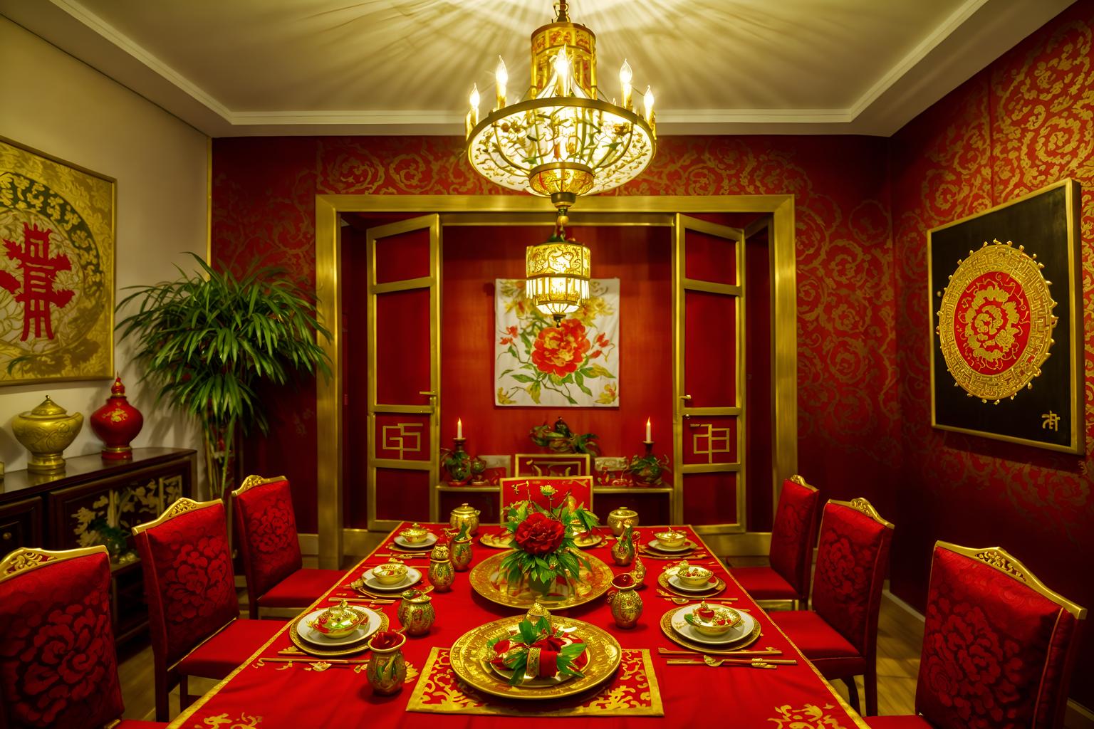 chinese new year-style (dining room interior) with painting or photo on wall and plant and vase and dining table chairs and dining table and light or chandelier and table cloth and plates, cutlery and glasses on dining table. . with fai chun banners and red and gold candles and red and gold tassels and red fabric & pillows and gold ingots and door couplets and kumquat trees and chinese knots. . cinematic photo, highly detailed, cinematic lighting, ultra-detailed, ultrarealistic, photorealism, 8k. chinese new year interior design style. masterpiece, cinematic light, ultrarealistic+, photorealistic+, 8k, raw photo, realistic, sharp focus on eyes, (symmetrical eyes), (intact eyes), hyperrealistic, highest quality, best quality, , highly detailed, masterpiece, best quality, extremely detailed 8k wallpaper, masterpiece, best quality, ultra-detailed, best shadow, detailed background, detailed face, detailed eyes, high contrast, best illumination, detailed face, dulux, caustic, dynamic angle, detailed glow. dramatic lighting. highly detailed, insanely detailed hair, symmetrical, intricate details, professionally retouched, 8k high definition. strong bokeh. award winning photo.