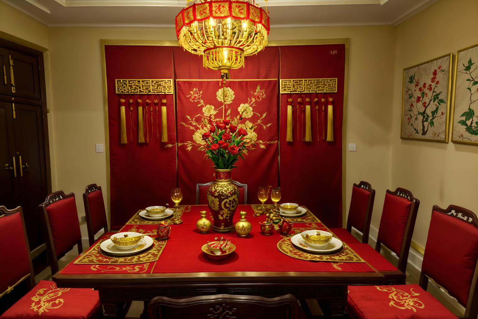 chinese new year-style (dining room interior) with painting or photo on wall and plant and vase and dining table chairs and dining table and light or chandelier and table cloth and plates, cutlery and glasses on dining table. . with fai chun banners and red and gold candles and red and gold tassels and red fabric & pillows and gold ingots and door couplets and kumquat trees and chinese knots. . cinematic photo, highly detailed, cinematic lighting, ultra-detailed, ultrarealistic, photorealism, 8k. chinese new year interior design style. masterpiece, cinematic light, ultrarealistic+, photorealistic+, 8k, raw photo, realistic, sharp focus on eyes, (symmetrical eyes), (intact eyes), hyperrealistic, highest quality, best quality, , highly detailed, masterpiece, best quality, extremely detailed 8k wallpaper, masterpiece, best quality, ultra-detailed, best shadow, detailed background, detailed face, detailed eyes, high contrast, best illumination, detailed face, dulux, caustic, dynamic angle, detailed glow. dramatic lighting. highly detailed, insanely detailed hair, symmetrical, intricate details, professionally retouched, 8k high definition. strong bokeh. award winning photo.