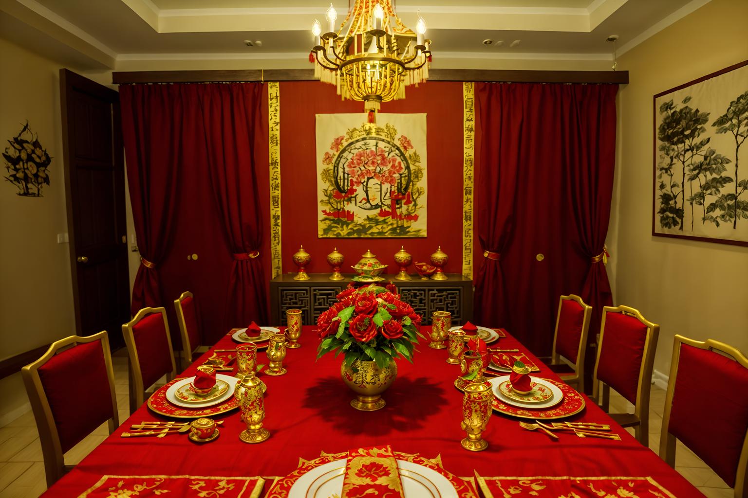 chinese new year-style (dining room interior) with painting or photo on wall and plant and vase and dining table chairs and dining table and light or chandelier and table cloth and plates, cutlery and glasses on dining table. . with fai chun banners and red and gold candles and red and gold tassels and red fabric & pillows and gold ingots and door couplets and kumquat trees and chinese knots. . cinematic photo, highly detailed, cinematic lighting, ultra-detailed, ultrarealistic, photorealism, 8k. chinese new year interior design style. masterpiece, cinematic light, ultrarealistic+, photorealistic+, 8k, raw photo, realistic, sharp focus on eyes, (symmetrical eyes), (intact eyes), hyperrealistic, highest quality, best quality, , highly detailed, masterpiece, best quality, extremely detailed 8k wallpaper, masterpiece, best quality, ultra-detailed, best shadow, detailed background, detailed face, detailed eyes, high contrast, best illumination, detailed face, dulux, caustic, dynamic angle, detailed glow. dramatic lighting. highly detailed, insanely detailed hair, symmetrical, intricate details, professionally retouched, 8k high definition. strong bokeh. award winning photo.