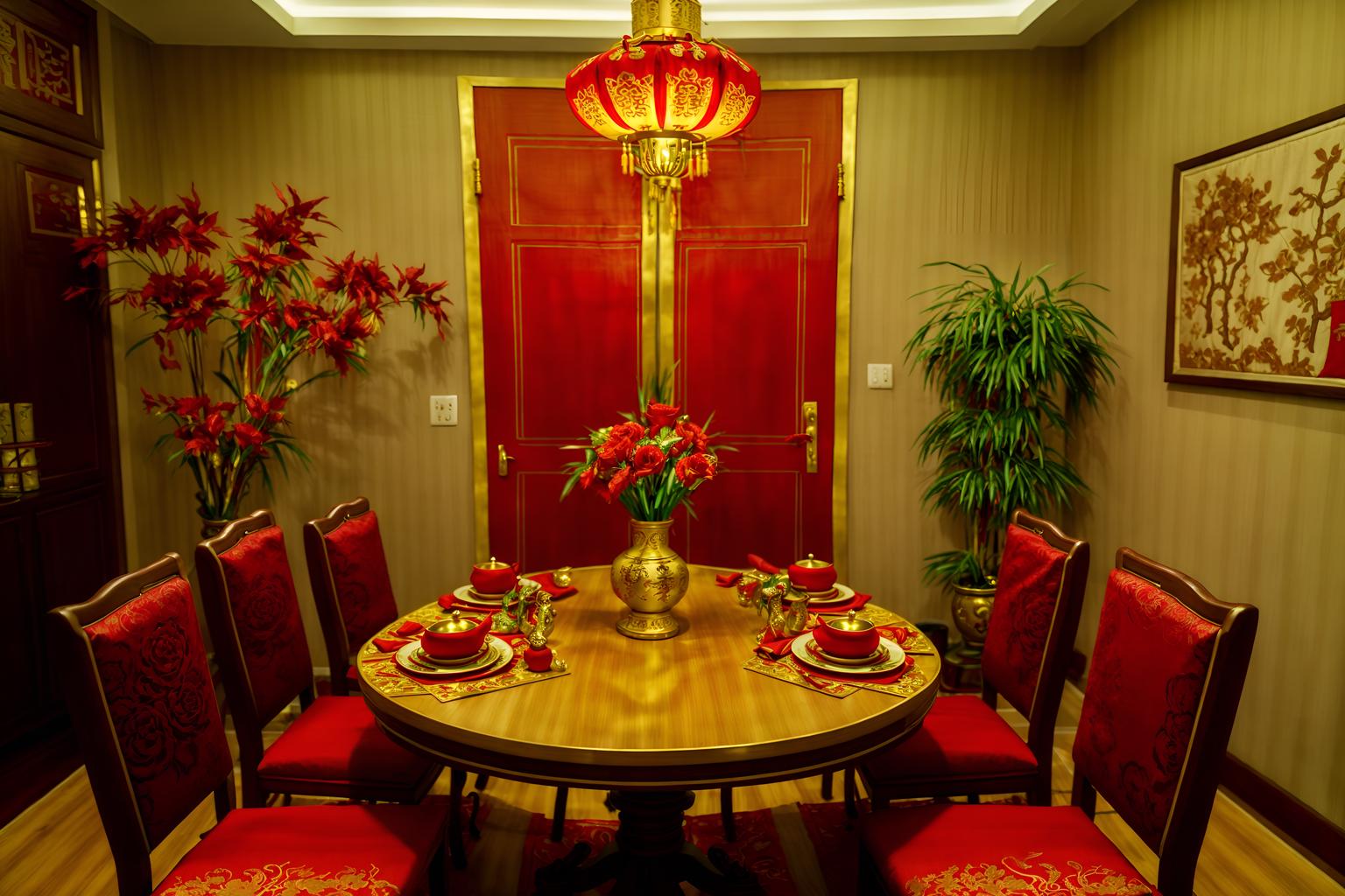 chinese new year-style (dining room interior) with painting or photo on wall and plant and vase and dining table chairs and dining table and light or chandelier and table cloth and plates, cutlery and glasses on dining table. . with fai chun banners and red and gold candles and red and gold tassels and red fabric & pillows and gold ingots and door couplets and kumquat trees and chinese knots. . cinematic photo, highly detailed, cinematic lighting, ultra-detailed, ultrarealistic, photorealism, 8k. chinese new year interior design style. masterpiece, cinematic light, ultrarealistic+, photorealistic+, 8k, raw photo, realistic, sharp focus on eyes, (symmetrical eyes), (intact eyes), hyperrealistic, highest quality, best quality, , highly detailed, masterpiece, best quality, extremely detailed 8k wallpaper, masterpiece, best quality, ultra-detailed, best shadow, detailed background, detailed face, detailed eyes, high contrast, best illumination, detailed face, dulux, caustic, dynamic angle, detailed glow. dramatic lighting. highly detailed, insanely detailed hair, symmetrical, intricate details, professionally retouched, 8k high definition. strong bokeh. award winning photo.