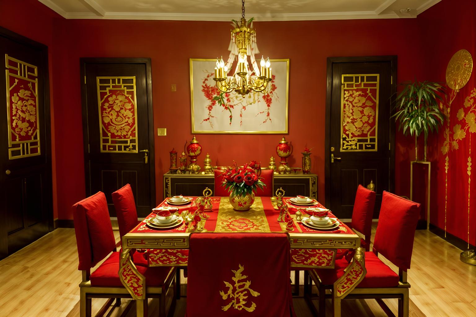 chinese new year-style (dining room interior) with painting or photo on wall and plant and vase and dining table chairs and dining table and light or chandelier and table cloth and plates, cutlery and glasses on dining table. . with fai chun banners and red and gold candles and red and gold tassels and red fabric & pillows and gold ingots and door couplets and kumquat trees and chinese knots. . cinematic photo, highly detailed, cinematic lighting, ultra-detailed, ultrarealistic, photorealism, 8k. chinese new year interior design style. masterpiece, cinematic light, ultrarealistic+, photorealistic+, 8k, raw photo, realistic, sharp focus on eyes, (symmetrical eyes), (intact eyes), hyperrealistic, highest quality, best quality, , highly detailed, masterpiece, best quality, extremely detailed 8k wallpaper, masterpiece, best quality, ultra-detailed, best shadow, detailed background, detailed face, detailed eyes, high contrast, best illumination, detailed face, dulux, caustic, dynamic angle, detailed glow. dramatic lighting. highly detailed, insanely detailed hair, symmetrical, intricate details, professionally retouched, 8k high definition. strong bokeh. award winning photo.