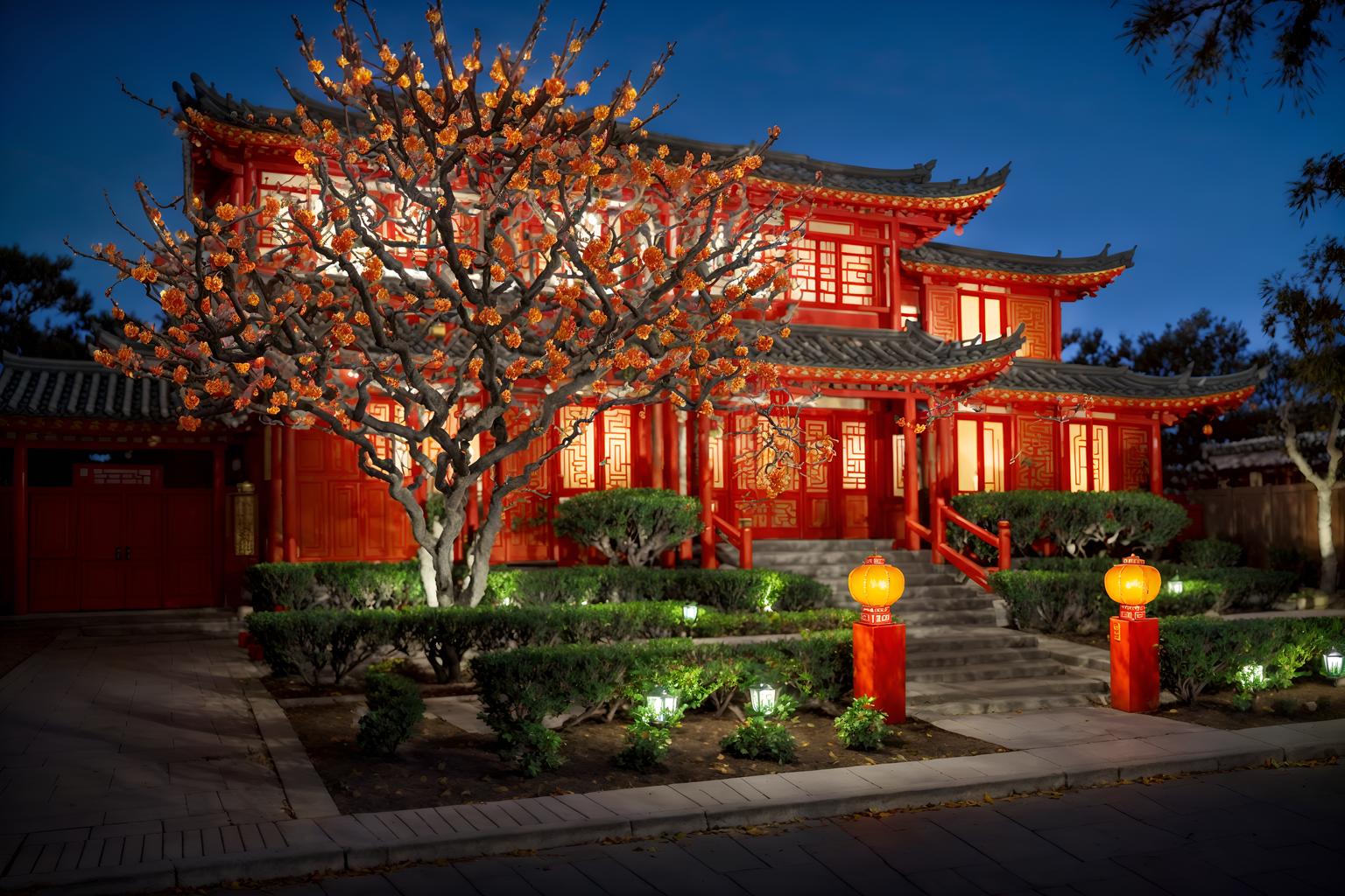 chinese new year-style exterior designed (house exterior exterior) . with red and gold candles and orange trees and zodiac calendar and vases of plum blossoms and orchids and chinese red lanterns and door couplets and red and gold tassels and kumquat trees. . cinematic photo, highly detailed, cinematic lighting, ultra-detailed, ultrarealistic, photorealism, 8k. chinese new year exterior design style. masterpiece, cinematic light, ultrarealistic+, photorealistic+, 8k, raw photo, realistic, sharp focus on eyes, (symmetrical eyes), (intact eyes), hyperrealistic, highest quality, best quality, , highly detailed, masterpiece, best quality, extremely detailed 8k wallpaper, masterpiece, best quality, ultra-detailed, best shadow, detailed background, detailed face, detailed eyes, high contrast, best illumination, detailed face, dulux, caustic, dynamic angle, detailed glow. dramatic lighting. highly detailed, insanely detailed hair, symmetrical, intricate details, professionally retouched, 8k high definition. strong bokeh. award winning photo.