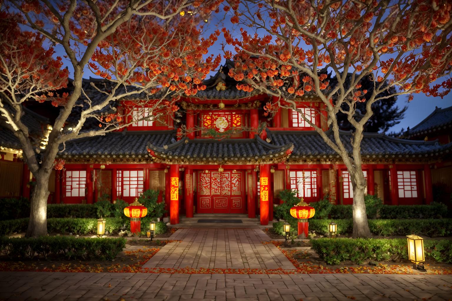 chinese new year-style exterior designed (house exterior exterior) . with red and gold candles and orange trees and zodiac calendar and vases of plum blossoms and orchids and chinese red lanterns and door couplets and red and gold tassels and kumquat trees. . cinematic photo, highly detailed, cinematic lighting, ultra-detailed, ultrarealistic, photorealism, 8k. chinese new year exterior design style. masterpiece, cinematic light, ultrarealistic+, photorealistic+, 8k, raw photo, realistic, sharp focus on eyes, (symmetrical eyes), (intact eyes), hyperrealistic, highest quality, best quality, , highly detailed, masterpiece, best quality, extremely detailed 8k wallpaper, masterpiece, best quality, ultra-detailed, best shadow, detailed background, detailed face, detailed eyes, high contrast, best illumination, detailed face, dulux, caustic, dynamic angle, detailed glow. dramatic lighting. highly detailed, insanely detailed hair, symmetrical, intricate details, professionally retouched, 8k high definition. strong bokeh. award winning photo.