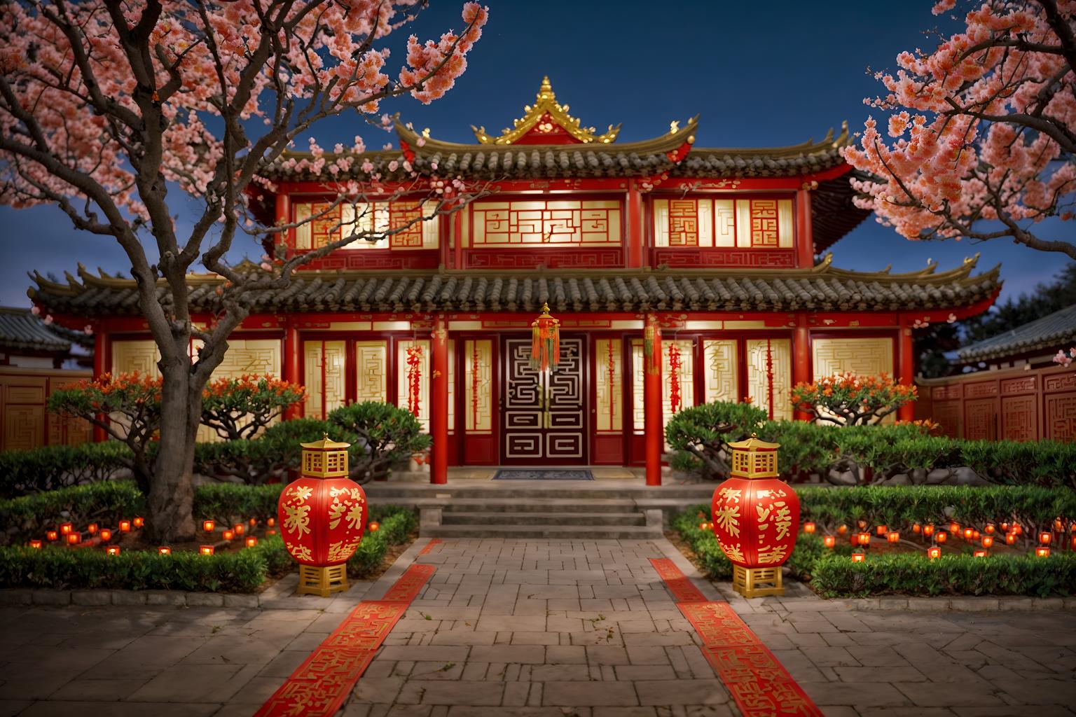 chinese new year-style exterior designed (house exterior exterior) . with red and gold candles and orange trees and zodiac calendar and vases of plum blossoms and orchids and chinese red lanterns and door couplets and red and gold tassels and kumquat trees. . cinematic photo, highly detailed, cinematic lighting, ultra-detailed, ultrarealistic, photorealism, 8k. chinese new year exterior design style. masterpiece, cinematic light, ultrarealistic+, photorealistic+, 8k, raw photo, realistic, sharp focus on eyes, (symmetrical eyes), (intact eyes), hyperrealistic, highest quality, best quality, , highly detailed, masterpiece, best quality, extremely detailed 8k wallpaper, masterpiece, best quality, ultra-detailed, best shadow, detailed background, detailed face, detailed eyes, high contrast, best illumination, detailed face, dulux, caustic, dynamic angle, detailed glow. dramatic lighting. highly detailed, insanely detailed hair, symmetrical, intricate details, professionally retouched, 8k high definition. strong bokeh. award winning photo.