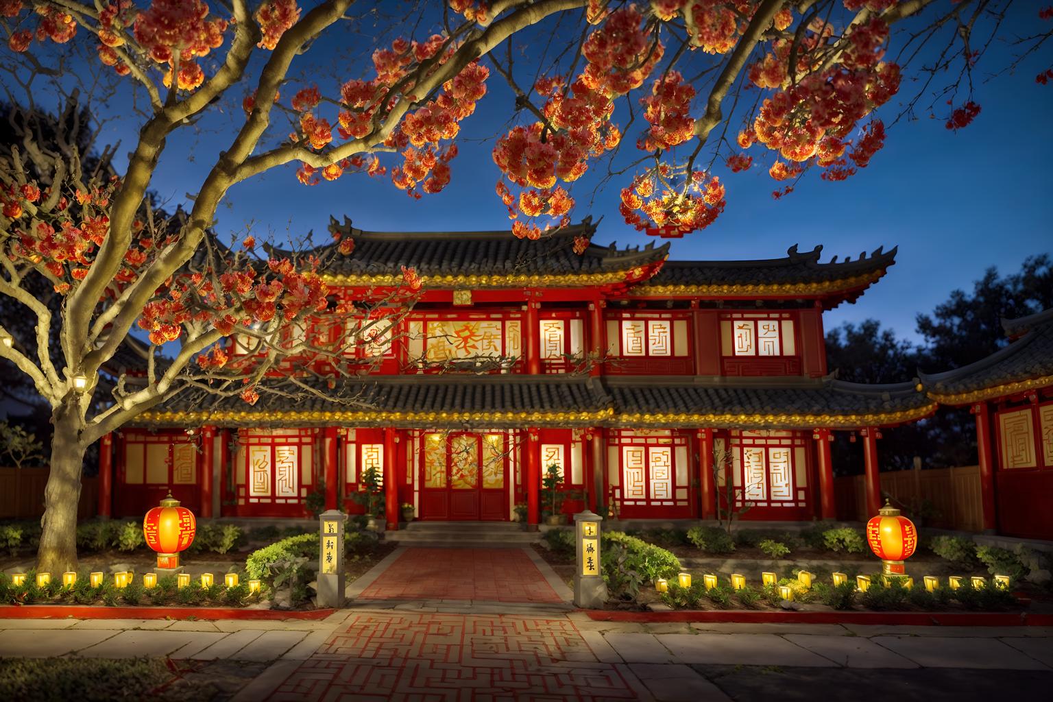 chinese new year-style exterior designed (house exterior exterior) . with red and gold candles and orange trees and zodiac calendar and vases of plum blossoms and orchids and chinese red lanterns and door couplets and red and gold tassels and kumquat trees. . cinematic photo, highly detailed, cinematic lighting, ultra-detailed, ultrarealistic, photorealism, 8k. chinese new year exterior design style. masterpiece, cinematic light, ultrarealistic+, photorealistic+, 8k, raw photo, realistic, sharp focus on eyes, (symmetrical eyes), (intact eyes), hyperrealistic, highest quality, best quality, , highly detailed, masterpiece, best quality, extremely detailed 8k wallpaper, masterpiece, best quality, ultra-detailed, best shadow, detailed background, detailed face, detailed eyes, high contrast, best illumination, detailed face, dulux, caustic, dynamic angle, detailed glow. dramatic lighting. highly detailed, insanely detailed hair, symmetrical, intricate details, professionally retouched, 8k high definition. strong bokeh. award winning photo.