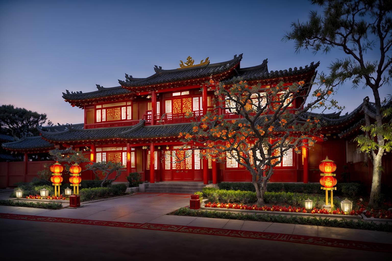 chinese new year-style exterior designed (house exterior exterior) . with red and gold candles and orange trees and zodiac calendar and vases of plum blossoms and orchids and chinese red lanterns and door couplets and red and gold tassels and kumquat trees. . cinematic photo, highly detailed, cinematic lighting, ultra-detailed, ultrarealistic, photorealism, 8k. chinese new year exterior design style. masterpiece, cinematic light, ultrarealistic+, photorealistic+, 8k, raw photo, realistic, sharp focus on eyes, (symmetrical eyes), (intact eyes), hyperrealistic, highest quality, best quality, , highly detailed, masterpiece, best quality, extremely detailed 8k wallpaper, masterpiece, best quality, ultra-detailed, best shadow, detailed background, detailed face, detailed eyes, high contrast, best illumination, detailed face, dulux, caustic, dynamic angle, detailed glow. dramatic lighting. highly detailed, insanely detailed hair, symmetrical, intricate details, professionally retouched, 8k high definition. strong bokeh. award winning photo.