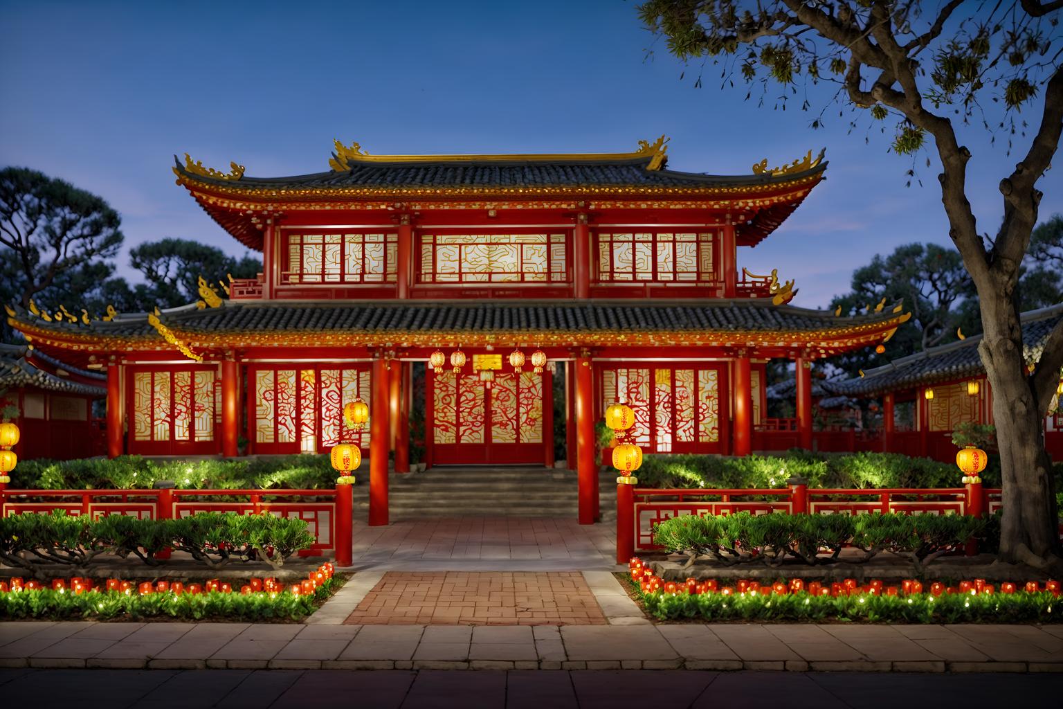 chinese new year-style exterior designed (house exterior exterior) . with red and gold candles and orange trees and zodiac calendar and vases of plum blossoms and orchids and chinese red lanterns and door couplets and red and gold tassels and kumquat trees. . cinematic photo, highly detailed, cinematic lighting, ultra-detailed, ultrarealistic, photorealism, 8k. chinese new year exterior design style. masterpiece, cinematic light, ultrarealistic+, photorealistic+, 8k, raw photo, realistic, sharp focus on eyes, (symmetrical eyes), (intact eyes), hyperrealistic, highest quality, best quality, , highly detailed, masterpiece, best quality, extremely detailed 8k wallpaper, masterpiece, best quality, ultra-detailed, best shadow, detailed background, detailed face, detailed eyes, high contrast, best illumination, detailed face, dulux, caustic, dynamic angle, detailed glow. dramatic lighting. highly detailed, insanely detailed hair, symmetrical, intricate details, professionally retouched, 8k high definition. strong bokeh. award winning photo.