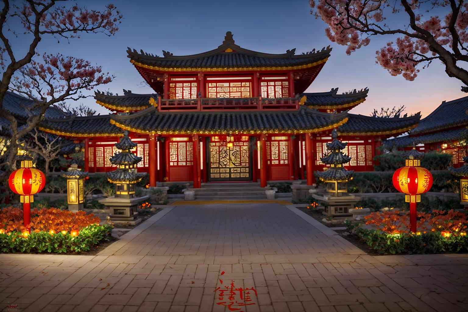 chinese new year-style exterior designed (house exterior exterior) . with red and gold candles and orange trees and zodiac calendar and vases of plum blossoms and orchids and chinese red lanterns and door couplets and red and gold tassels and kumquat trees. . cinematic photo, highly detailed, cinematic lighting, ultra-detailed, ultrarealistic, photorealism, 8k. chinese new year exterior design style. masterpiece, cinematic light, ultrarealistic+, photorealistic+, 8k, raw photo, realistic, sharp focus on eyes, (symmetrical eyes), (intact eyes), hyperrealistic, highest quality, best quality, , highly detailed, masterpiece, best quality, extremely detailed 8k wallpaper, masterpiece, best quality, ultra-detailed, best shadow, detailed background, detailed face, detailed eyes, high contrast, best illumination, detailed face, dulux, caustic, dynamic angle, detailed glow. dramatic lighting. highly detailed, insanely detailed hair, symmetrical, intricate details, professionally retouched, 8k high definition. strong bokeh. award winning photo.