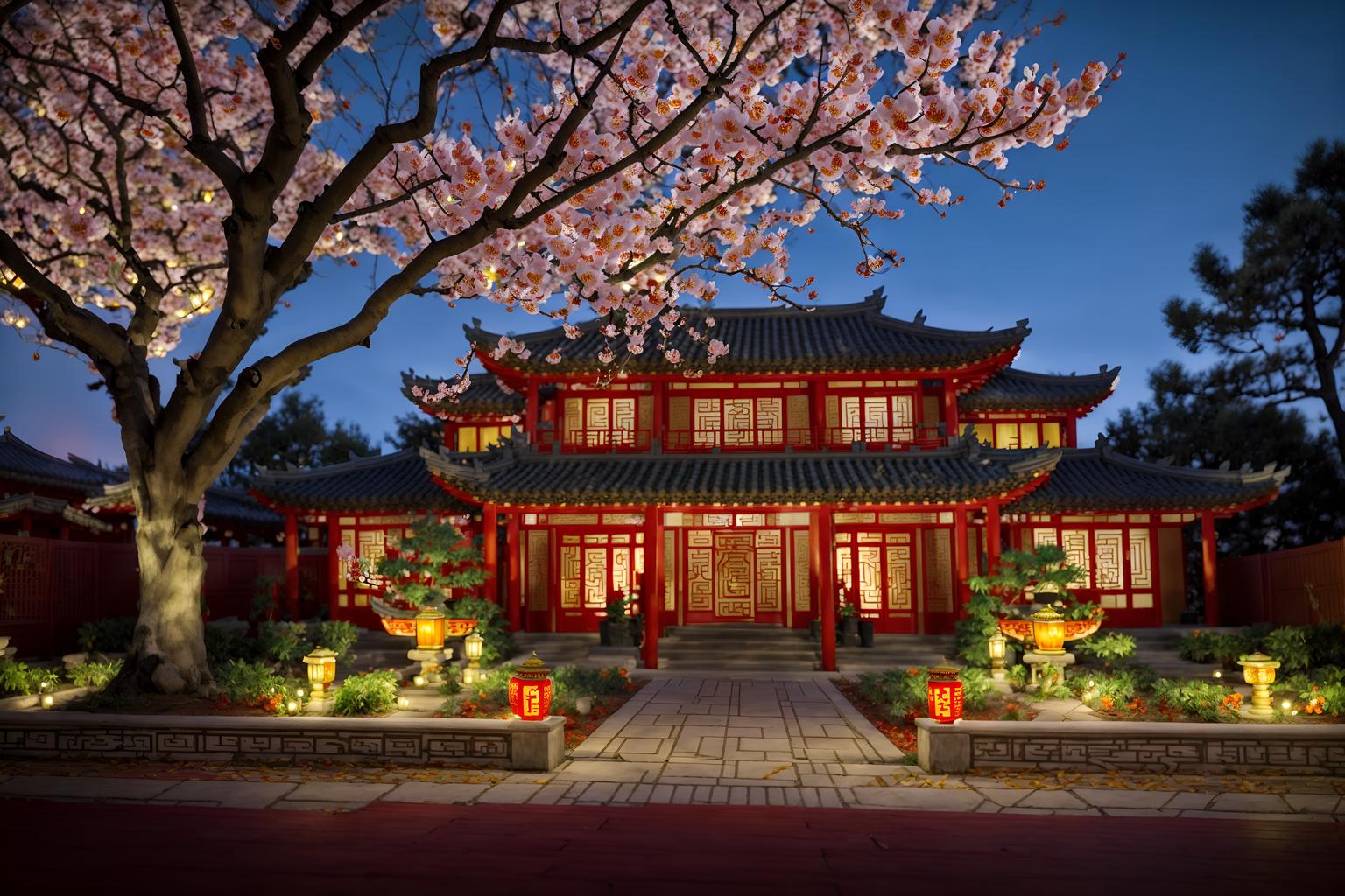 chinese new year-style exterior designed (house exterior exterior) . with red and gold candles and orange trees and zodiac calendar and vases of plum blossoms and orchids and chinese red lanterns and door couplets and red and gold tassels and kumquat trees. . cinematic photo, highly detailed, cinematic lighting, ultra-detailed, ultrarealistic, photorealism, 8k. chinese new year exterior design style. masterpiece, cinematic light, ultrarealistic+, photorealistic+, 8k, raw photo, realistic, sharp focus on eyes, (symmetrical eyes), (intact eyes), hyperrealistic, highest quality, best quality, , highly detailed, masterpiece, best quality, extremely detailed 8k wallpaper, masterpiece, best quality, ultra-detailed, best shadow, detailed background, detailed face, detailed eyes, high contrast, best illumination, detailed face, dulux, caustic, dynamic angle, detailed glow. dramatic lighting. highly detailed, insanely detailed hair, symmetrical, intricate details, professionally retouched, 8k high definition. strong bokeh. award winning photo.