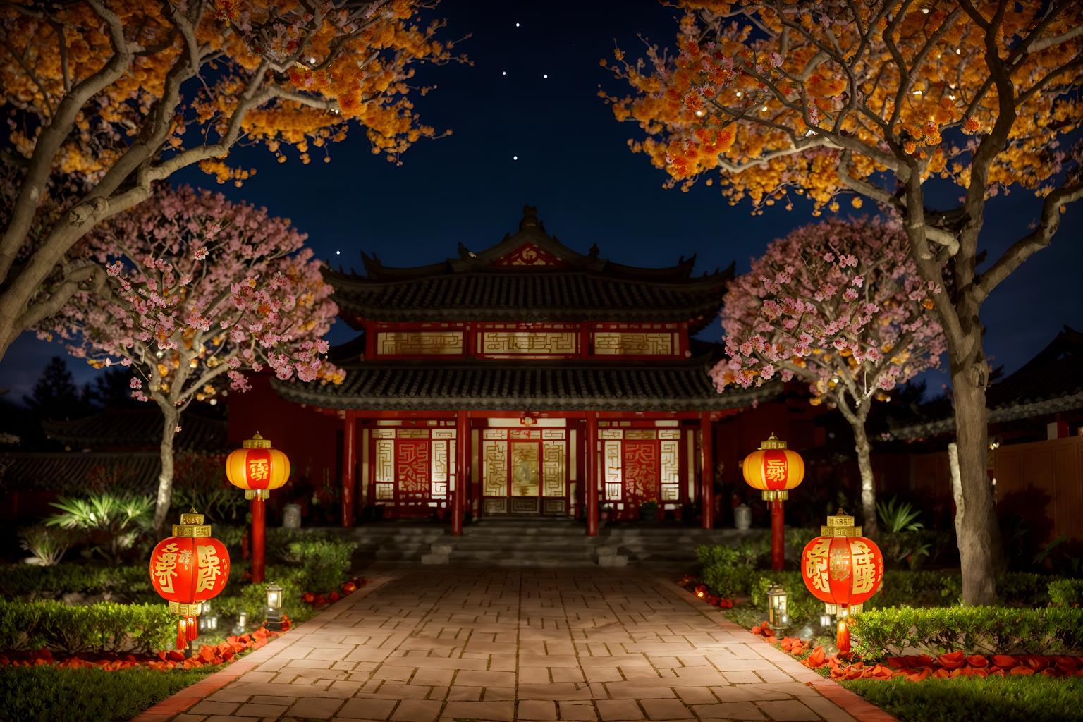 chinese new year-style exterior designed (house exterior exterior) . with red and gold candles and orange trees and zodiac calendar and vases of plum blossoms and orchids and chinese red lanterns and door couplets and red and gold tassels and kumquat trees. . cinematic photo, highly detailed, cinematic lighting, ultra-detailed, ultrarealistic, photorealism, 8k. chinese new year exterior design style. masterpiece, cinematic light, ultrarealistic+, photorealistic+, 8k, raw photo, realistic, sharp focus on eyes, (symmetrical eyes), (intact eyes), hyperrealistic, highest quality, best quality, , highly detailed, masterpiece, best quality, extremely detailed 8k wallpaper, masterpiece, best quality, ultra-detailed, best shadow, detailed background, detailed face, detailed eyes, high contrast, best illumination, detailed face, dulux, caustic, dynamic angle, detailed glow. dramatic lighting. highly detailed, insanely detailed hair, symmetrical, intricate details, professionally retouched, 8k high definition. strong bokeh. award winning photo.