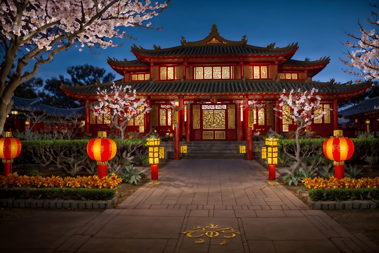 chinese new year-style exterior designed (house exterior exterior) . with red and gold candles and orange trees and zodiac calendar and vases of plum blossoms and orchids and chinese red lanterns and door couplets and red and gold tassels and kumquat trees. . cinematic photo, highly detailed, cinematic lighting, ultra-detailed, ultrarealistic, photorealism, 8k. chinese new year exterior design style. masterpiece, cinematic light, ultrarealistic+, photorealistic+, 8k, raw photo, realistic, sharp focus on eyes, (symmetrical eyes), (intact eyes), hyperrealistic, highest quality, best quality, , highly detailed, masterpiece, best quality, extremely detailed 8k wallpaper, masterpiece, best quality, ultra-detailed, best shadow, detailed background, detailed face, detailed eyes, high contrast, best illumination, detailed face, dulux, caustic, dynamic angle, detailed glow. dramatic lighting. highly detailed, insanely detailed hair, symmetrical, intricate details, professionally retouched, 8k high definition. strong bokeh. award winning photo.