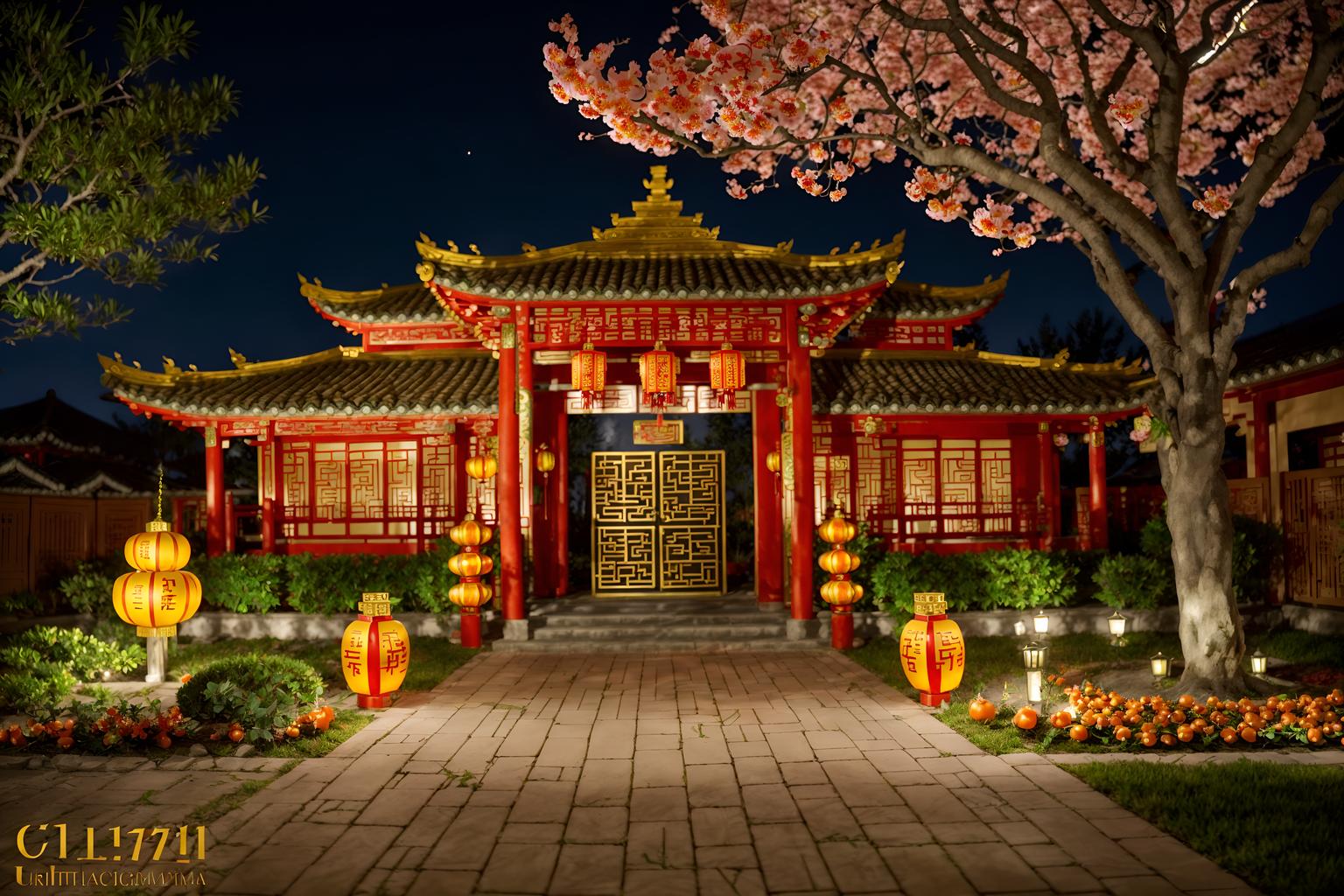 chinese new year-style exterior designed (house exterior exterior) . with red and gold candles and orange trees and zodiac calendar and vases of plum blossoms and orchids and chinese red lanterns and door couplets and red and gold tassels and kumquat trees. . cinematic photo, highly detailed, cinematic lighting, ultra-detailed, ultrarealistic, photorealism, 8k. chinese new year exterior design style. masterpiece, cinematic light, ultrarealistic+, photorealistic+, 8k, raw photo, realistic, sharp focus on eyes, (symmetrical eyes), (intact eyes), hyperrealistic, highest quality, best quality, , highly detailed, masterpiece, best quality, extremely detailed 8k wallpaper, masterpiece, best quality, ultra-detailed, best shadow, detailed background, detailed face, detailed eyes, high contrast, best illumination, detailed face, dulux, caustic, dynamic angle, detailed glow. dramatic lighting. highly detailed, insanely detailed hair, symmetrical, intricate details, professionally retouched, 8k high definition. strong bokeh. award winning photo.